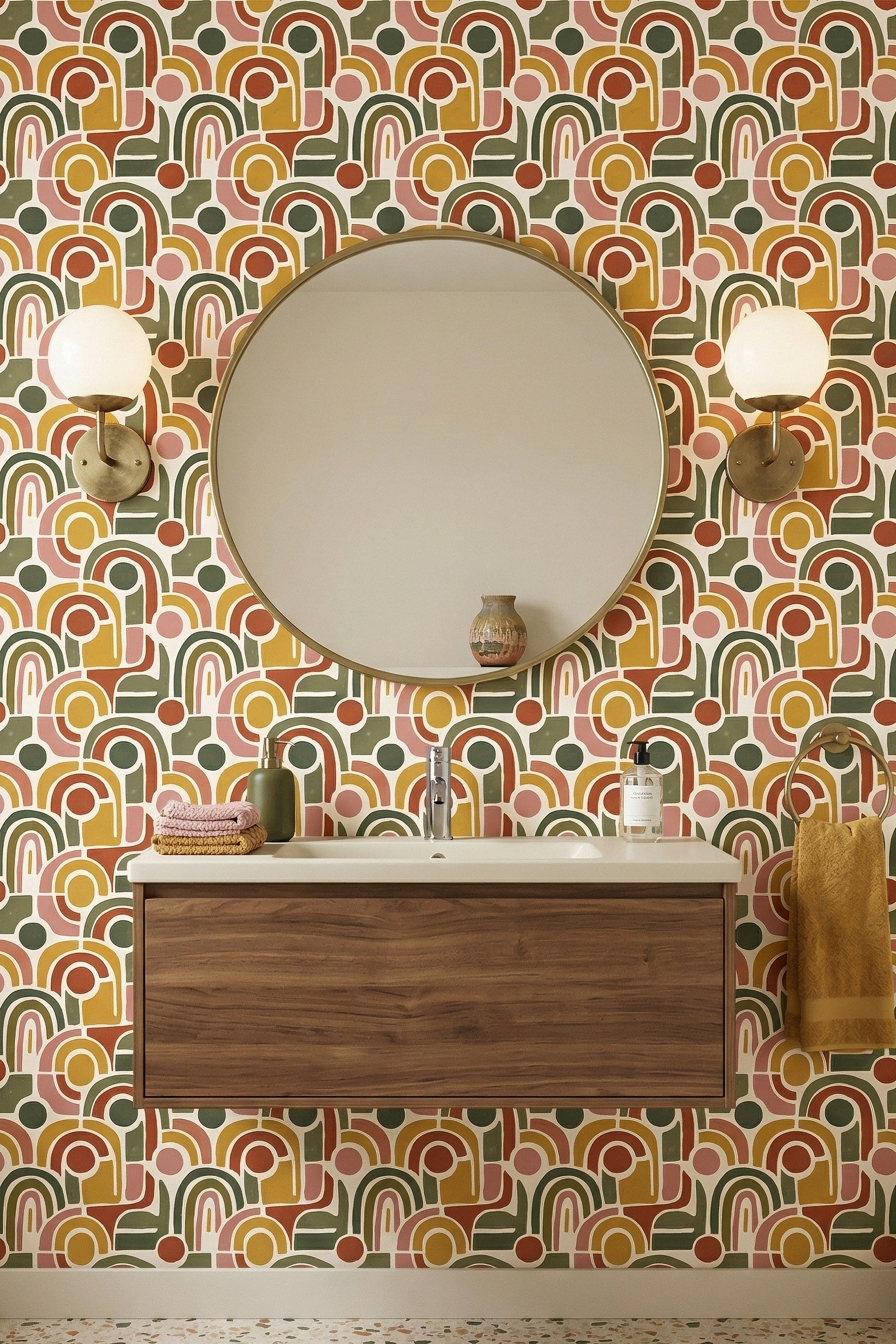 Rainbow Arcade wallpaper shown in a powder room