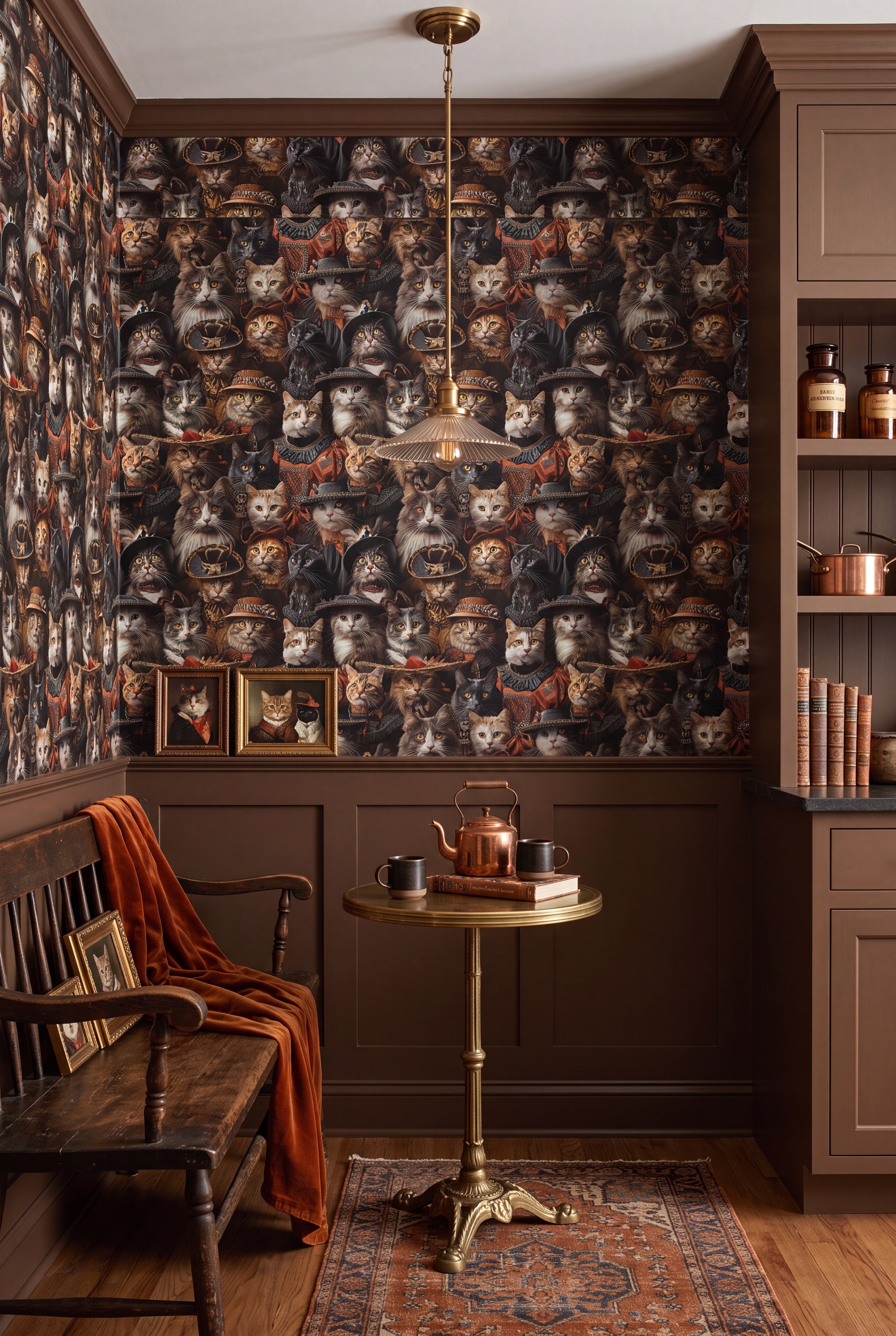 Velvet Whiskers wallpaper shown in a cozy nook