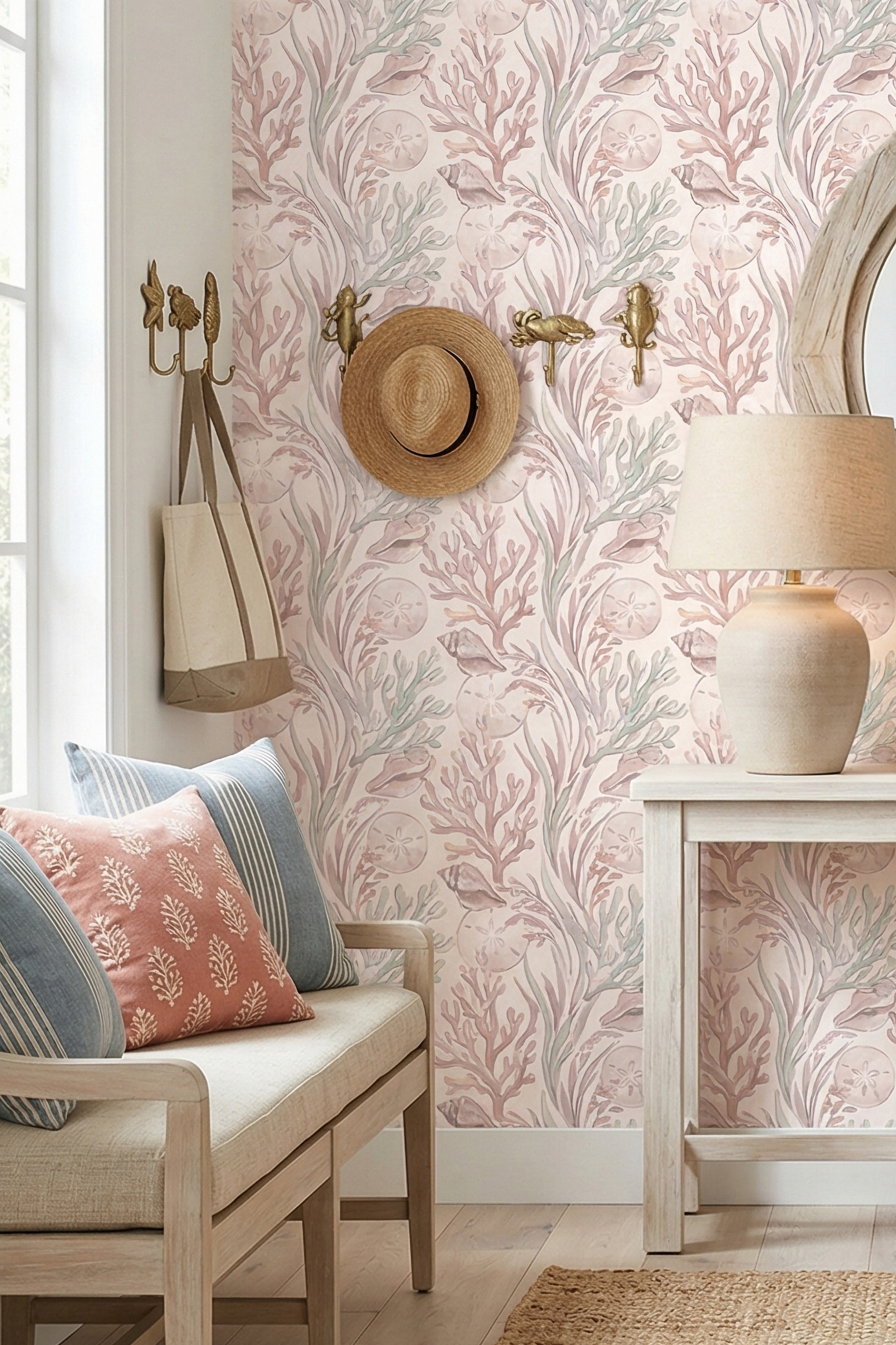 Shell Collector wallpaper shown in an entryway