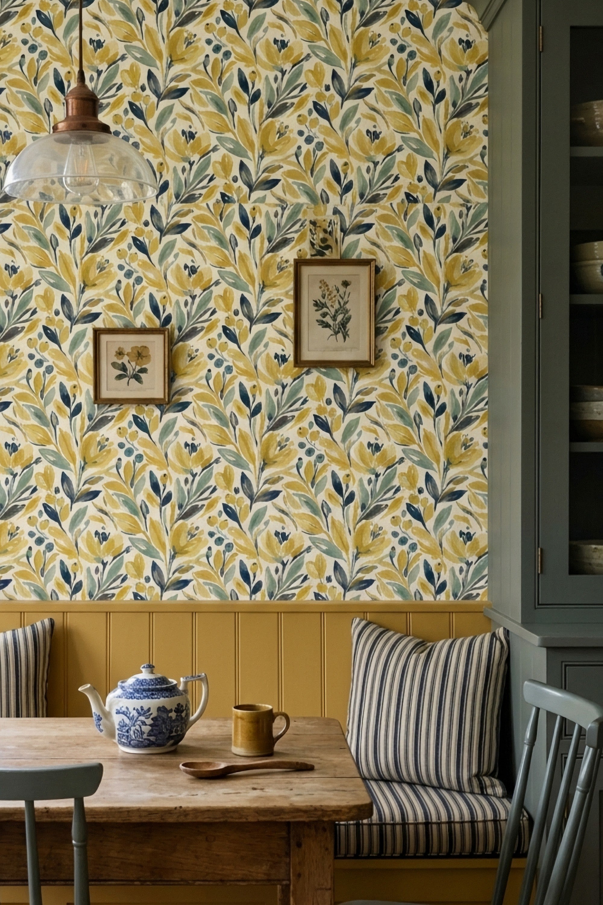 Golden Meadow wallpaper shown in a kitchen nook