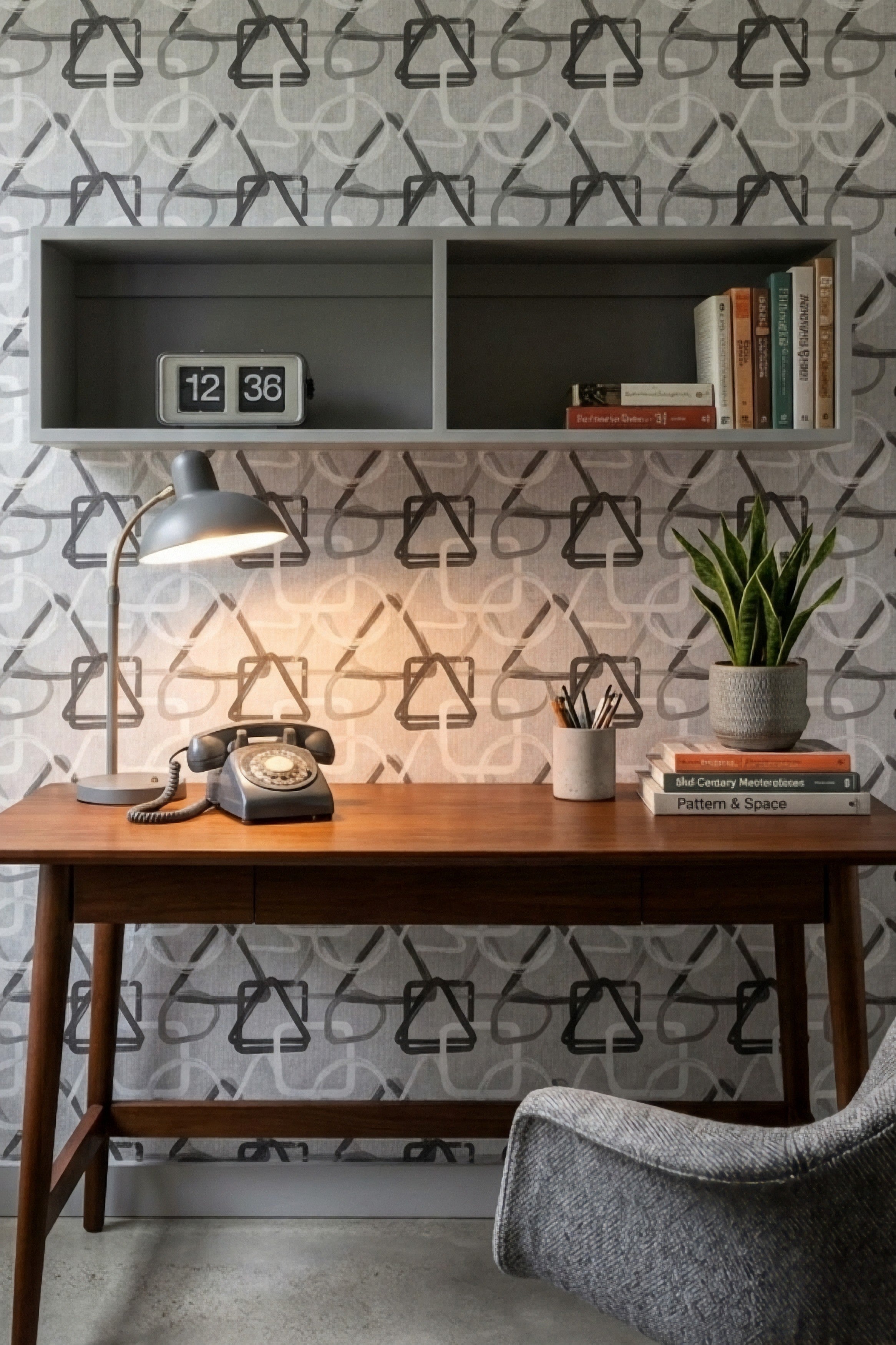 Graphite wallpaper shown in a home office