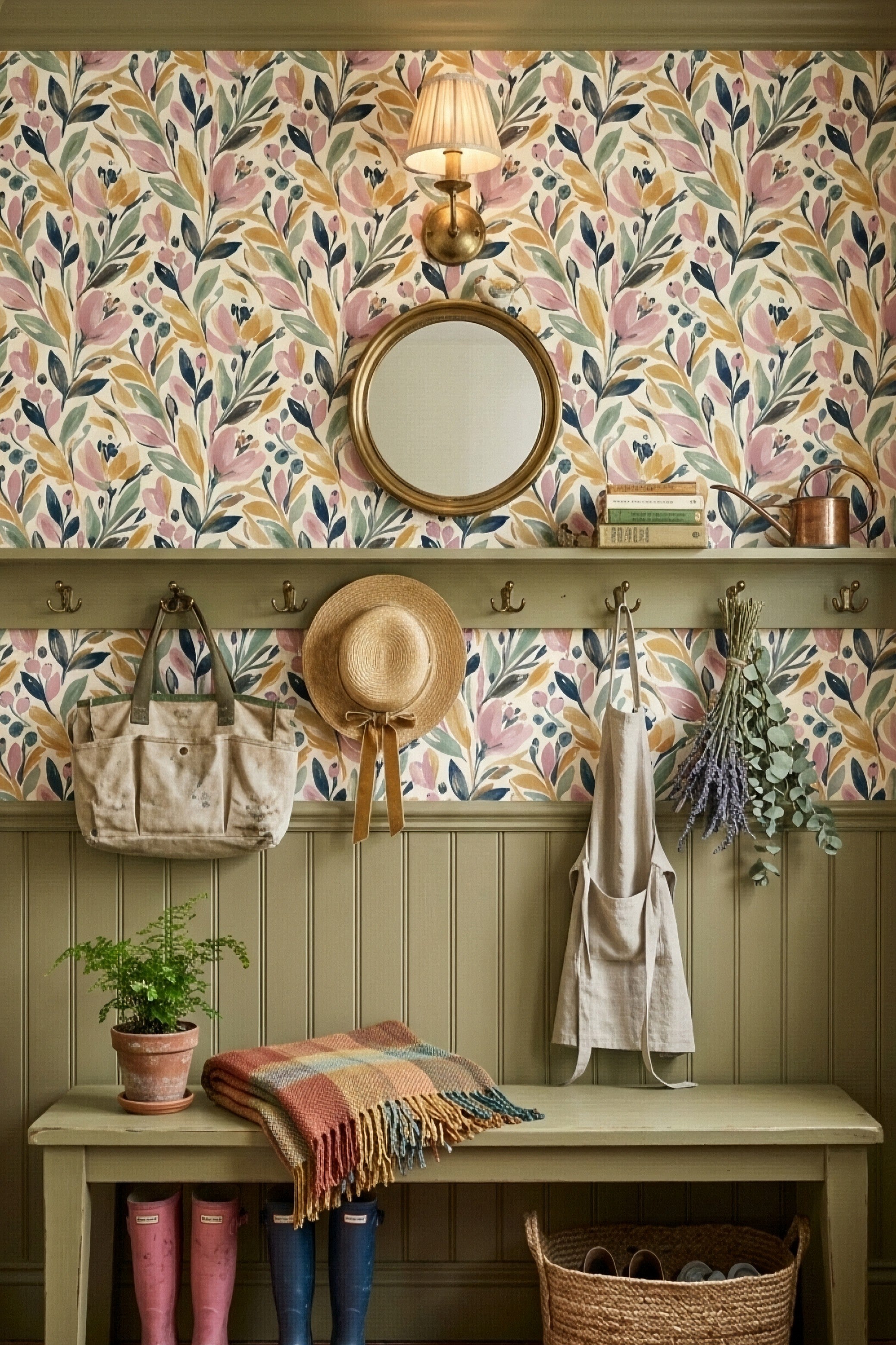 Cottage Posy wallpaper shown in a mudroom