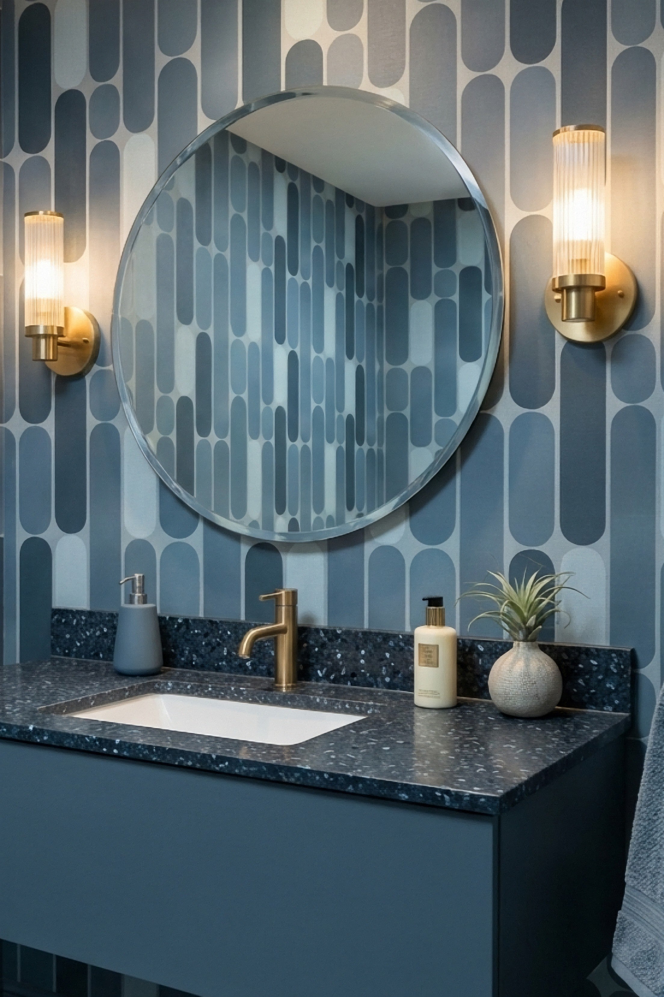 Slate Century wallpaper shown in a powder room