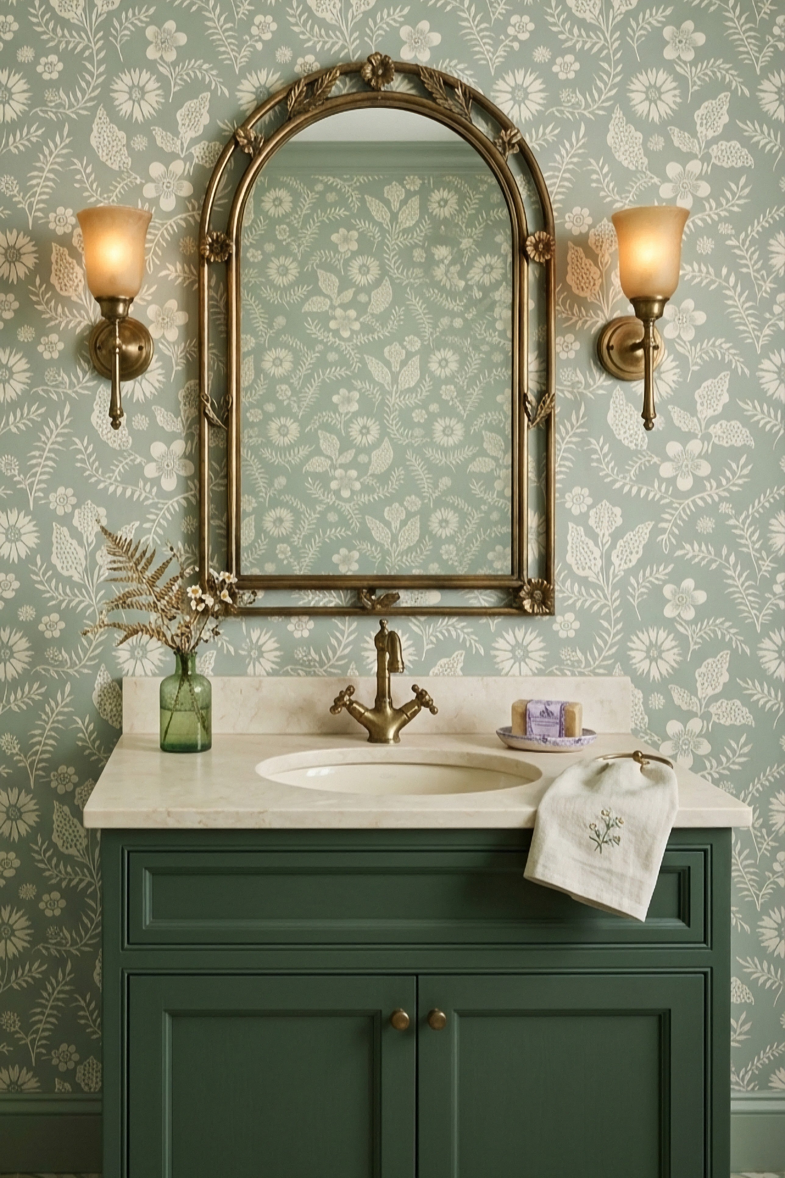 Meadow Mist wallpaper shown in a powder room
