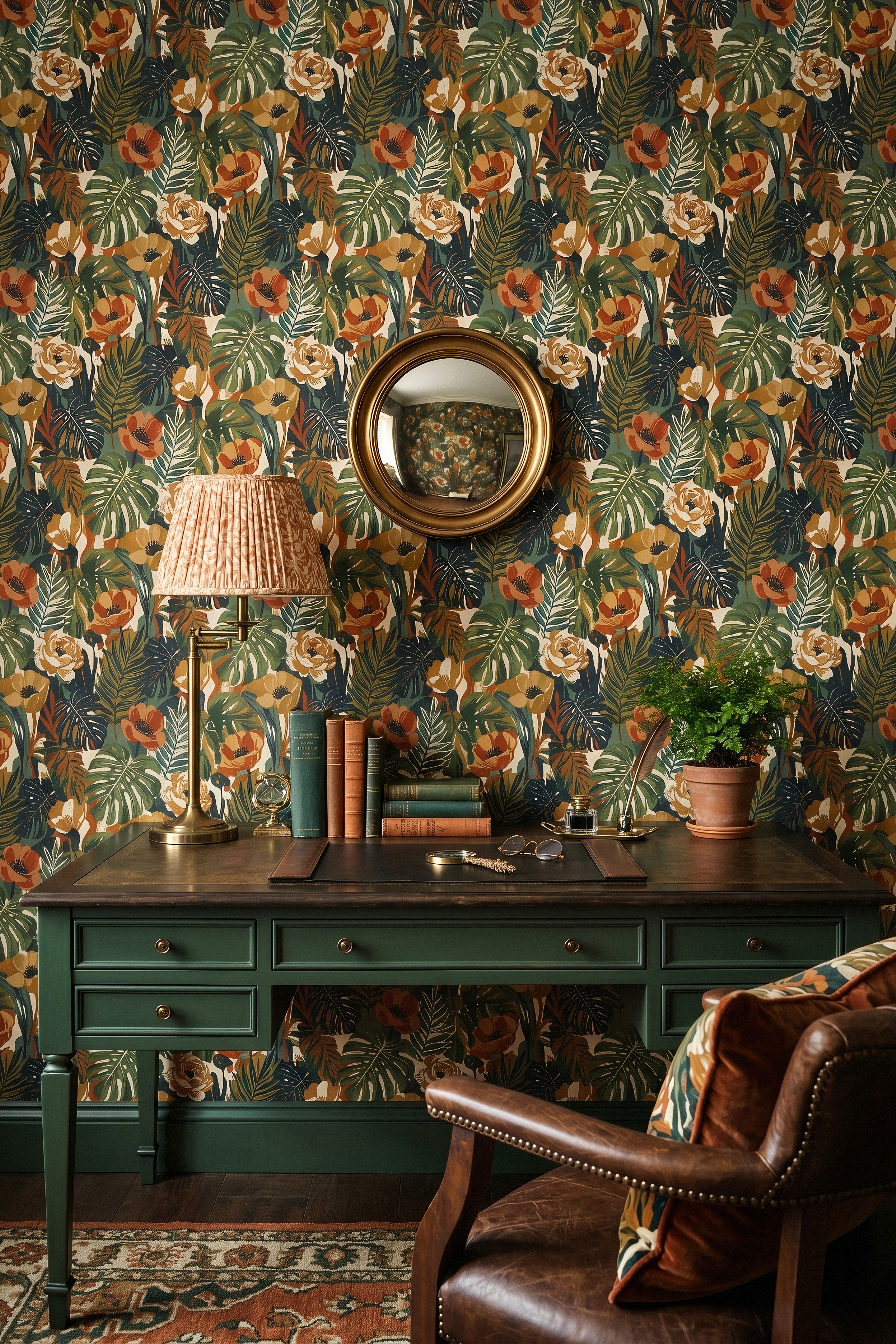 Boho Tropics wallpaper shown in a home office
