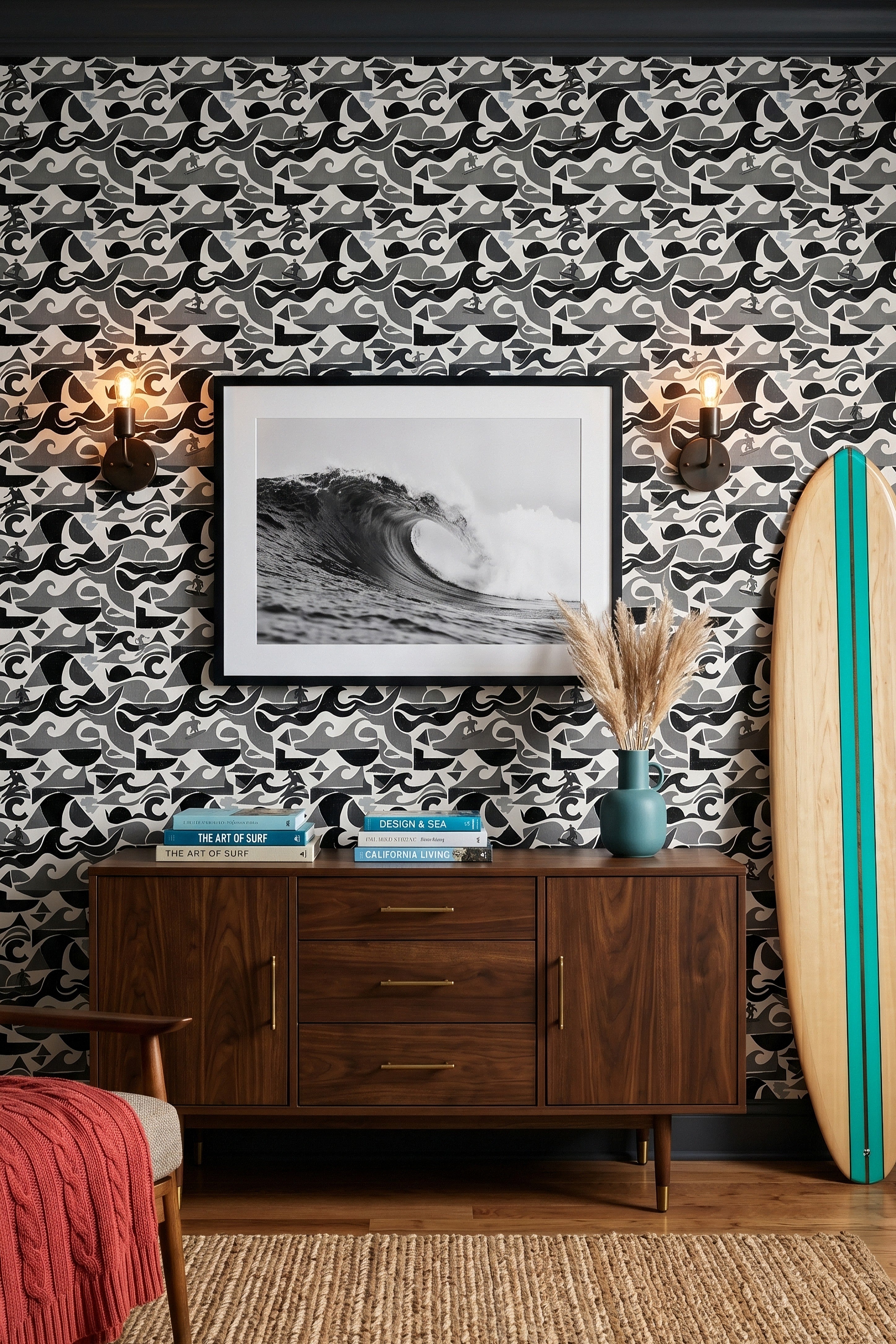 Monochrome Surf wallpaper shown in a den