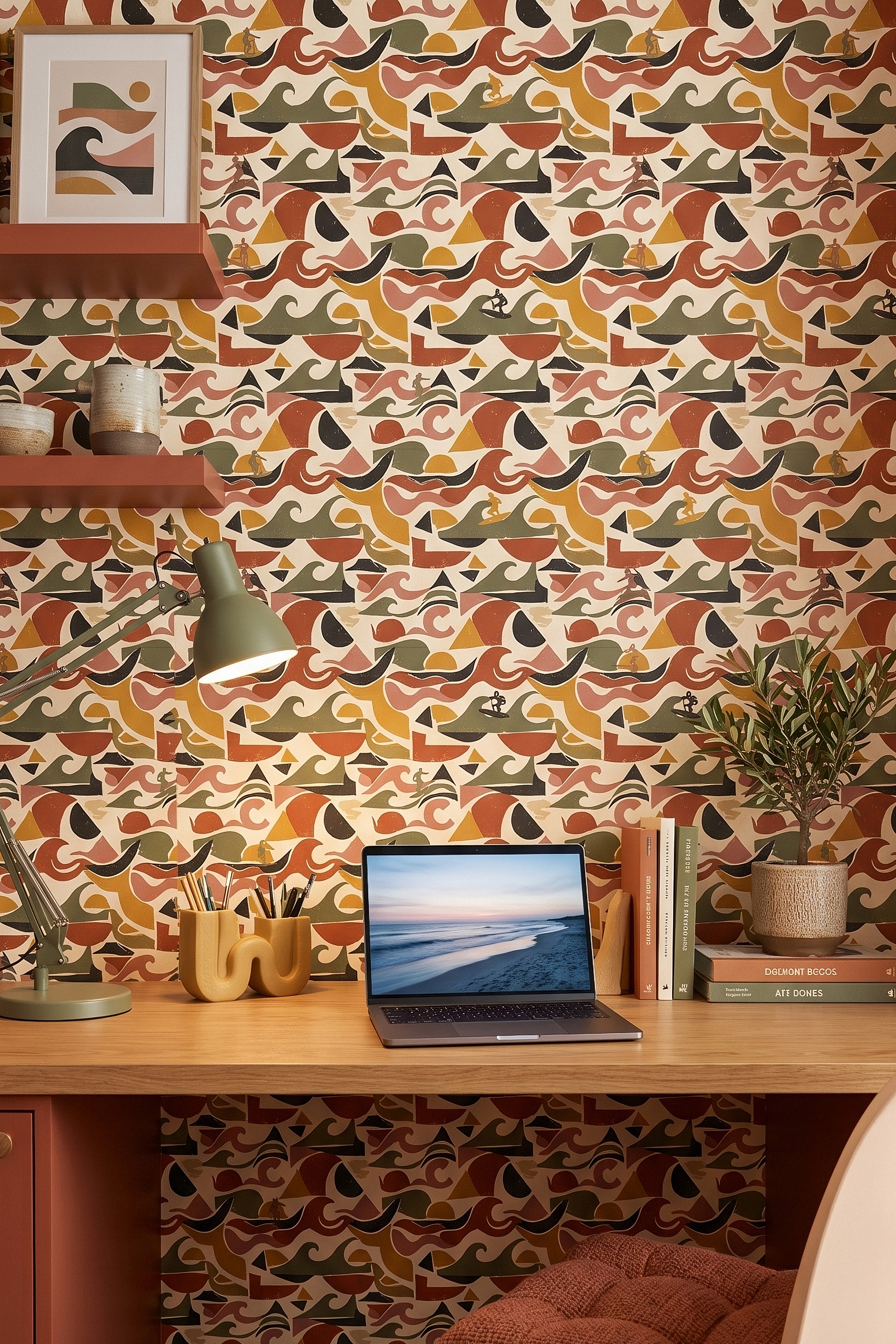 Retro Swell wallpaper shown in a home office