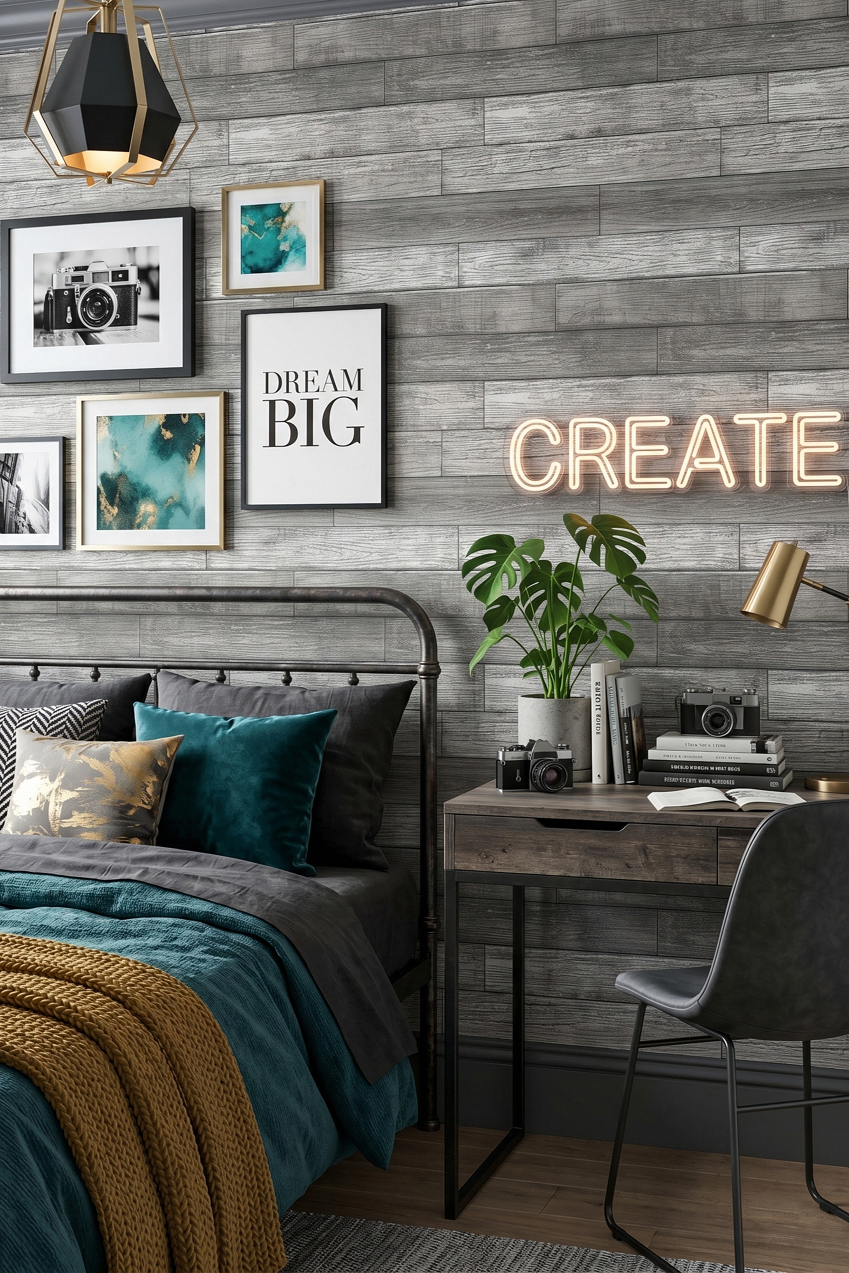 Shiplap wallpaper shown in a bedroom