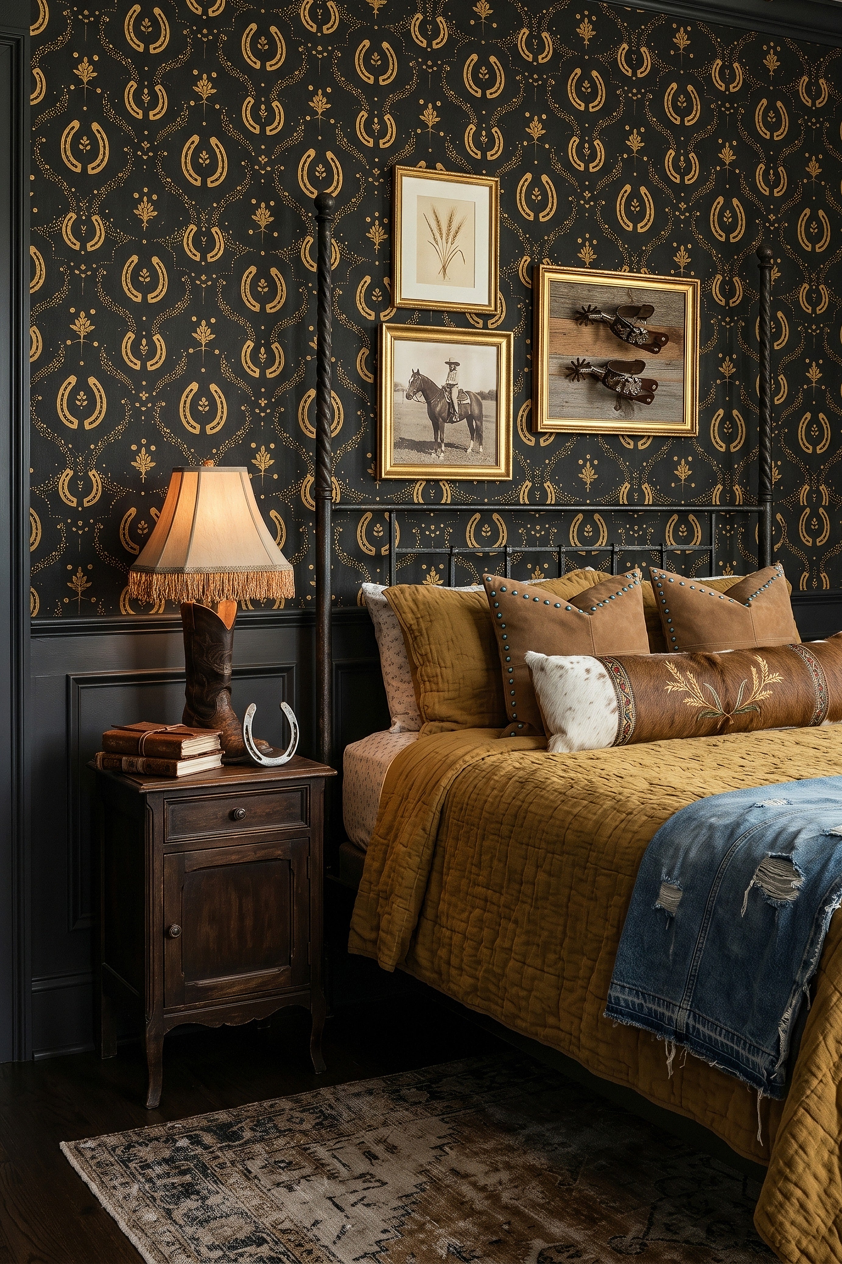 Gilded Rodeo wallpaper shown in a bedroom
