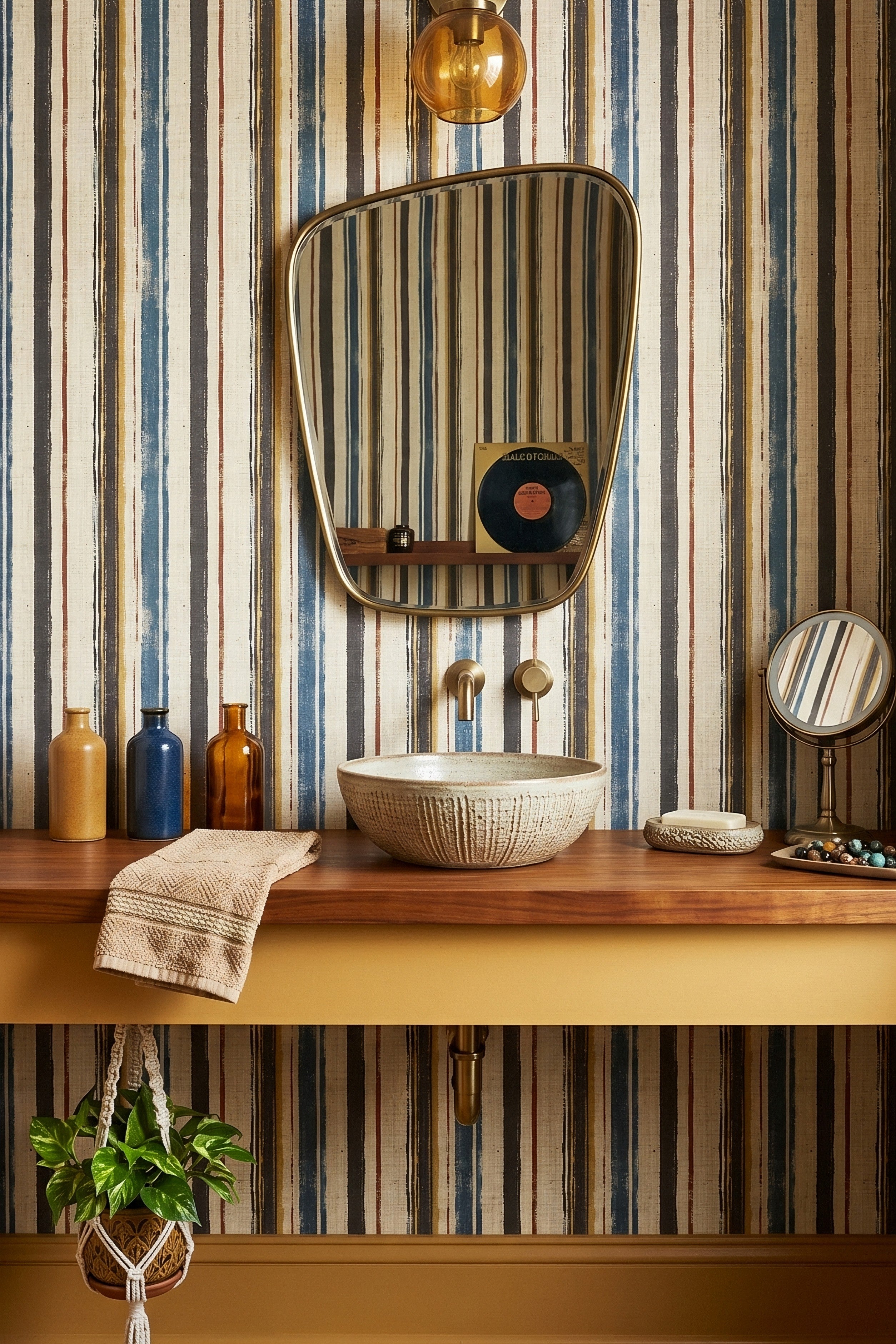 Bluebird Stripe wallpaper shown in a powder room
