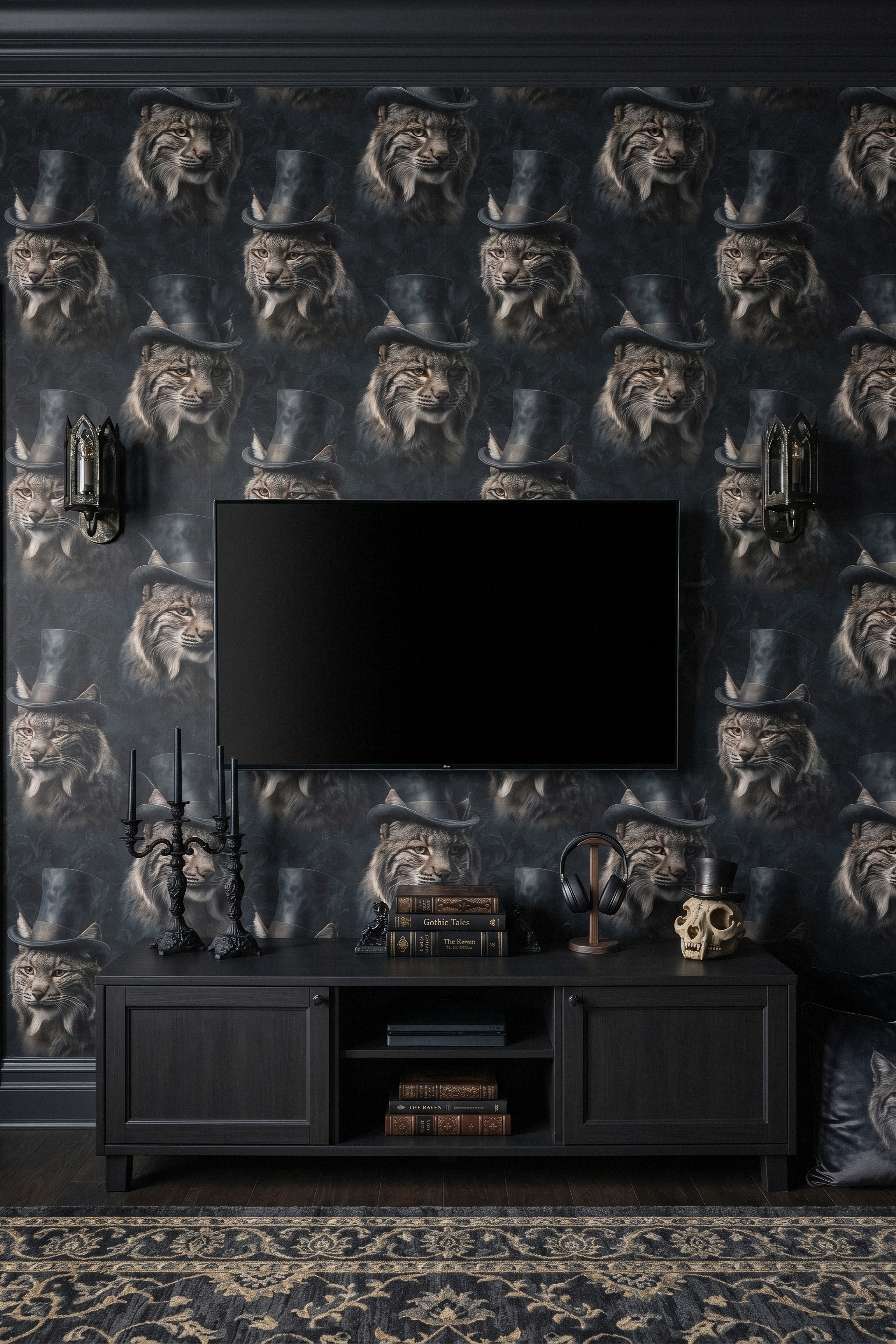 Dapper Bobcat wallpaper shown in a media room