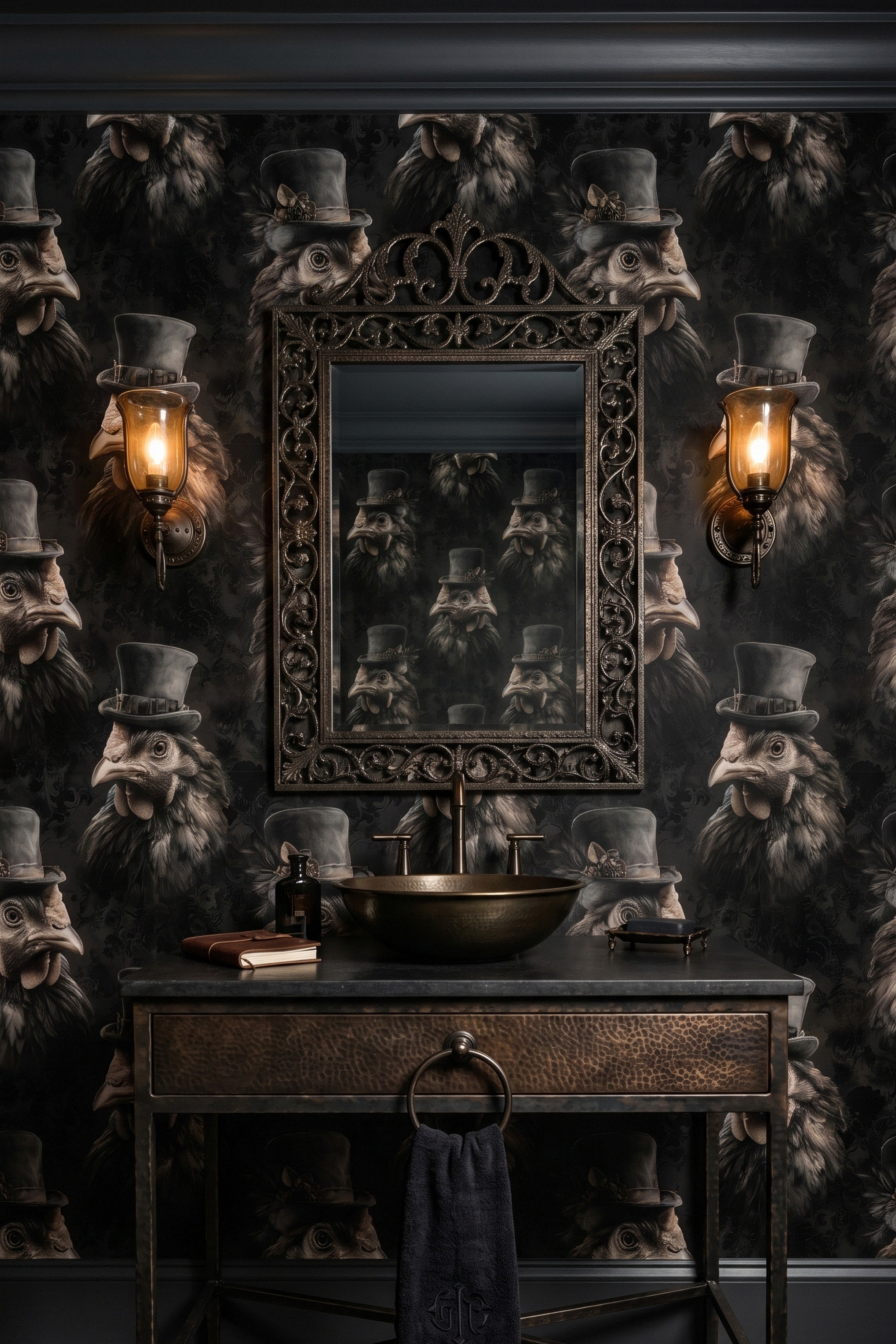 Dapper Hen wallpaper shown in a powder room