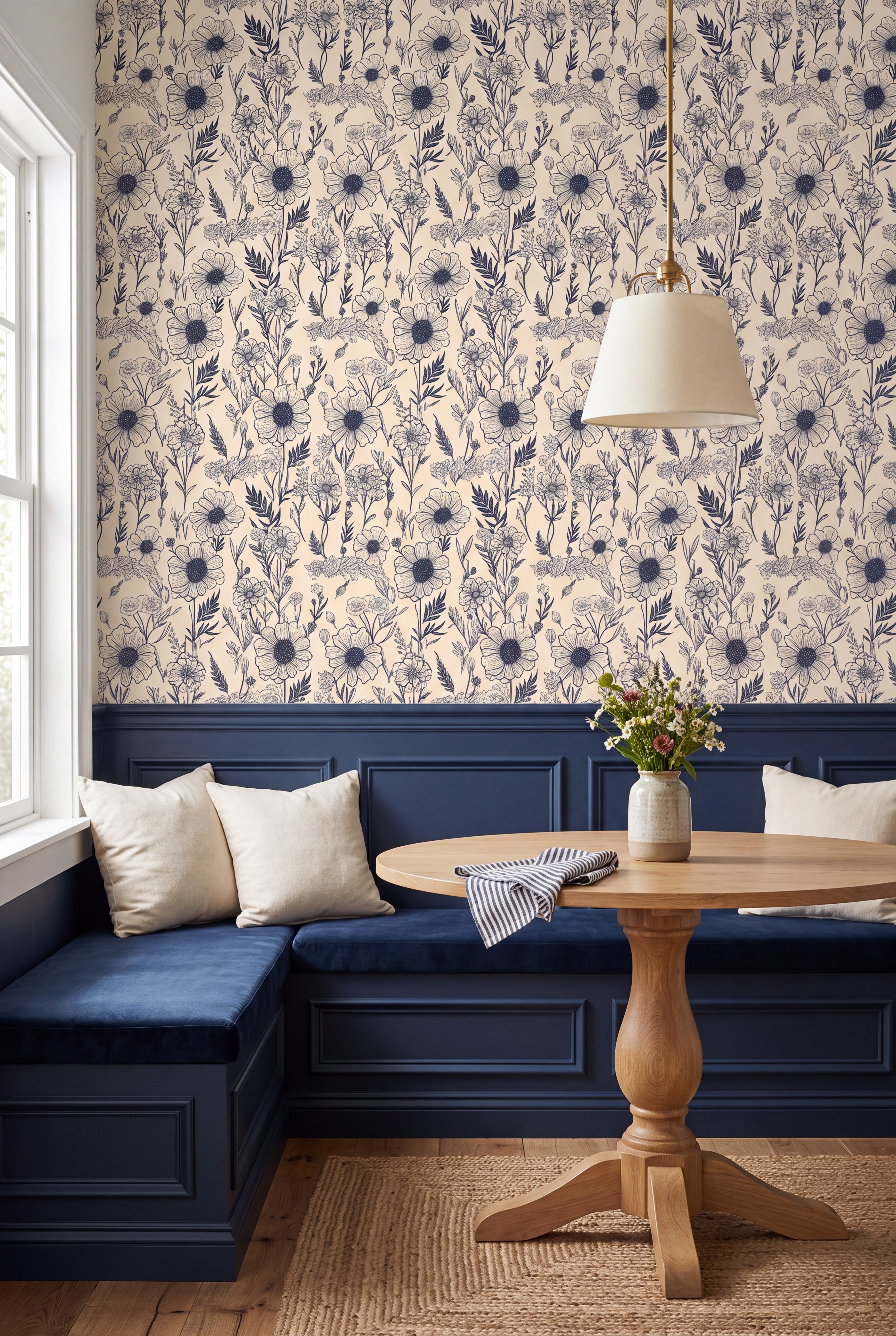 Navy Heirloom wallpaper shown in a cozy nook