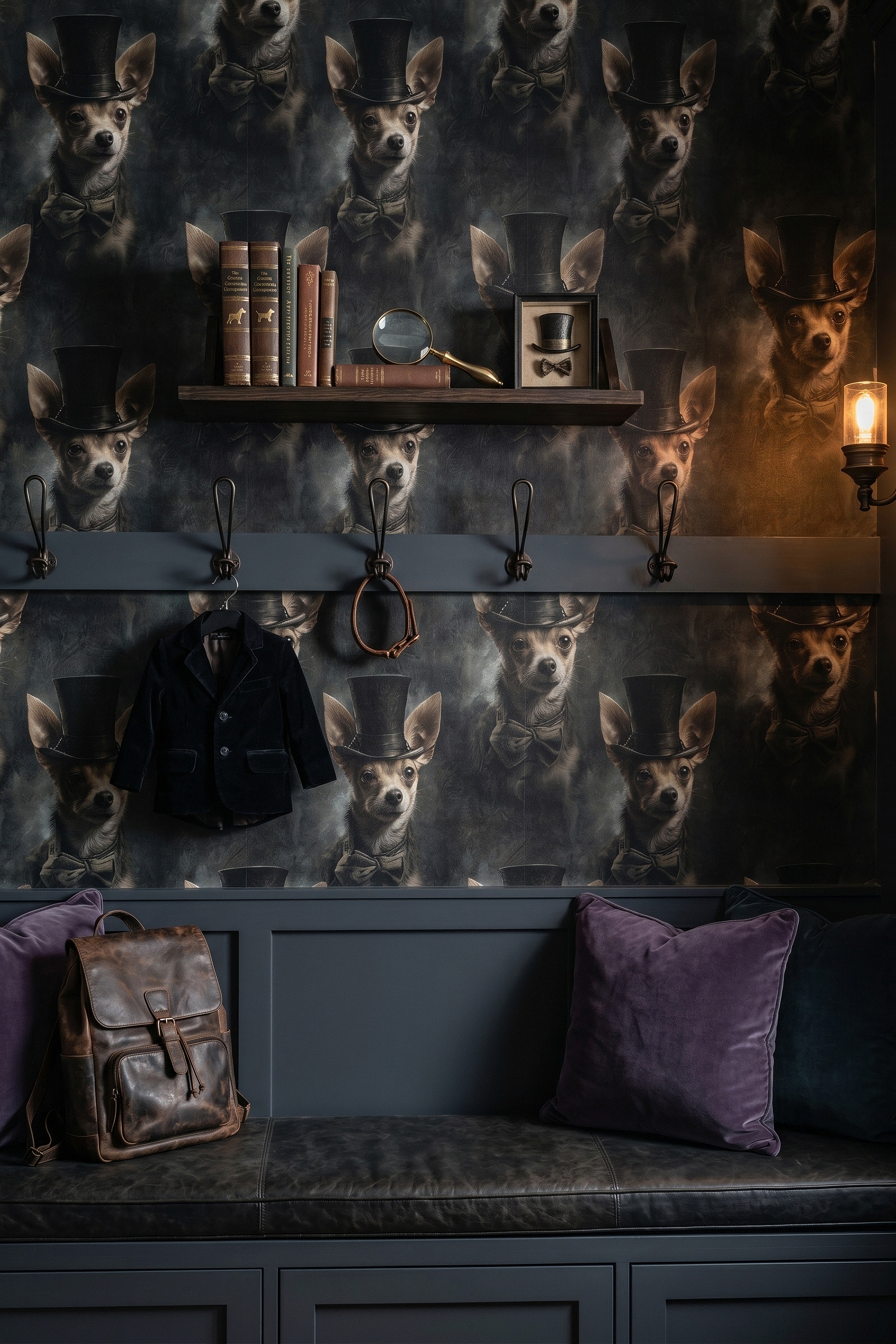 Dapper Chihuahua wallpaper shown in a mudroom