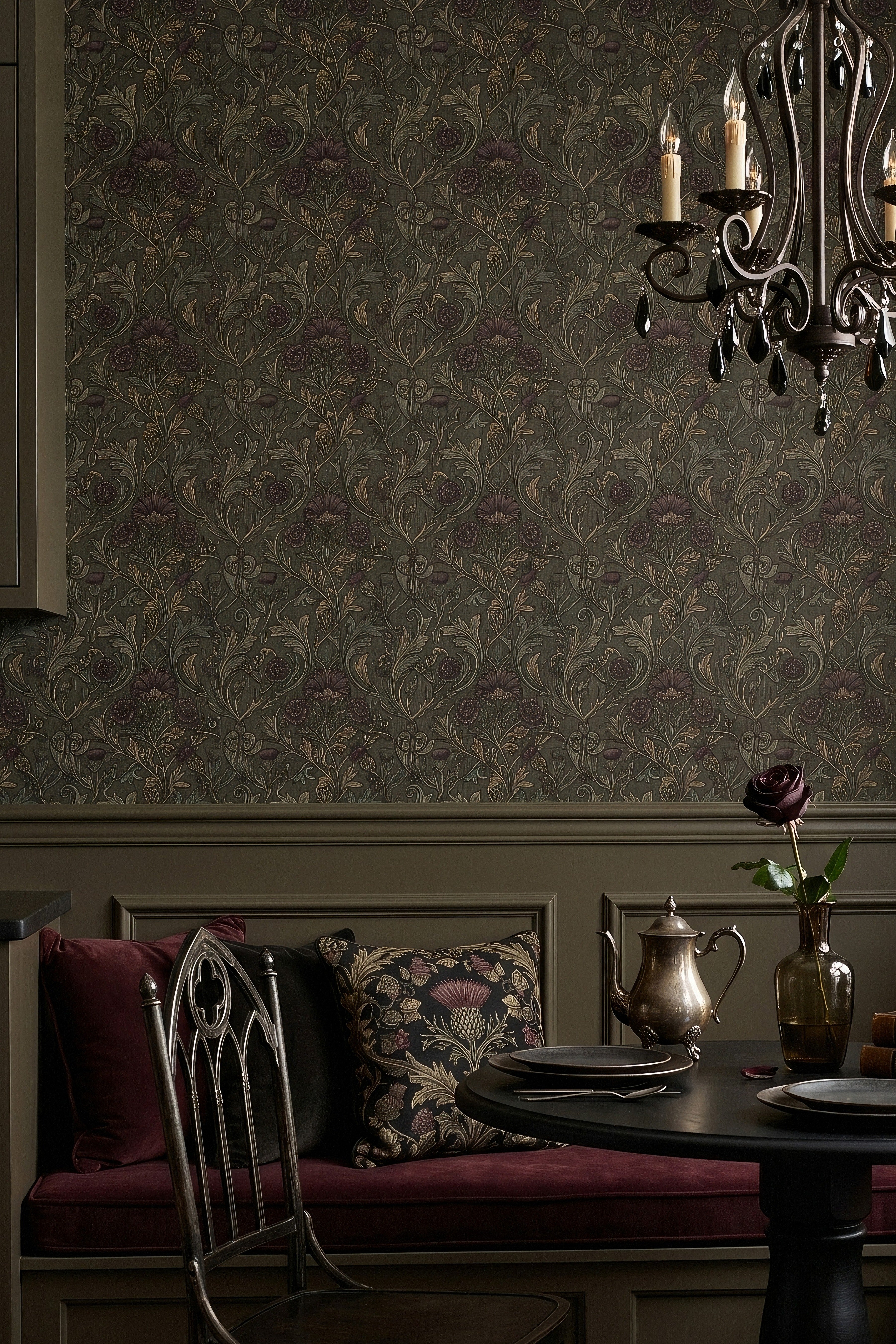 Morris Bordeaux wallpaper shown in a cozy nook