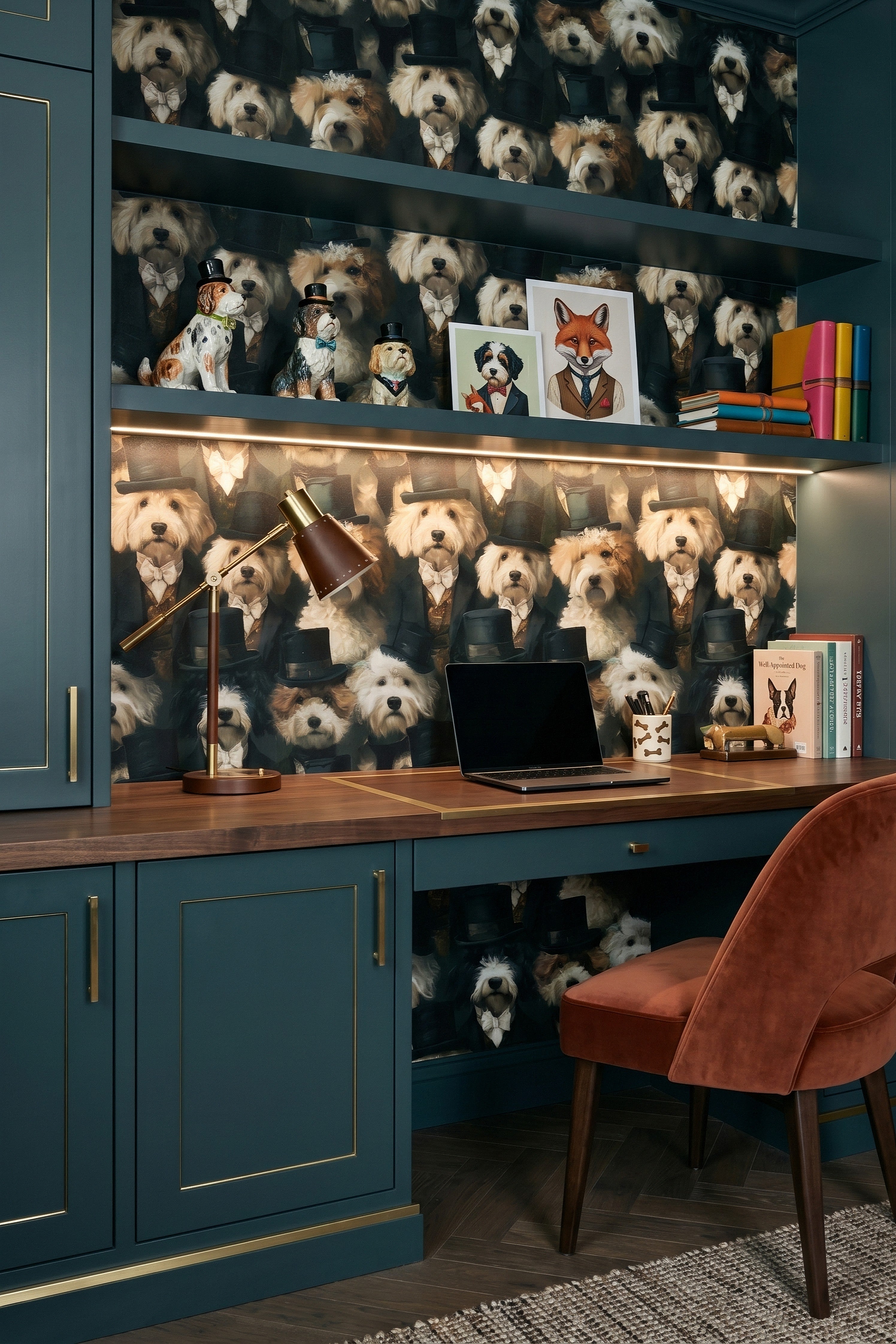 Dapper Dogs wallpaper shown in a home office