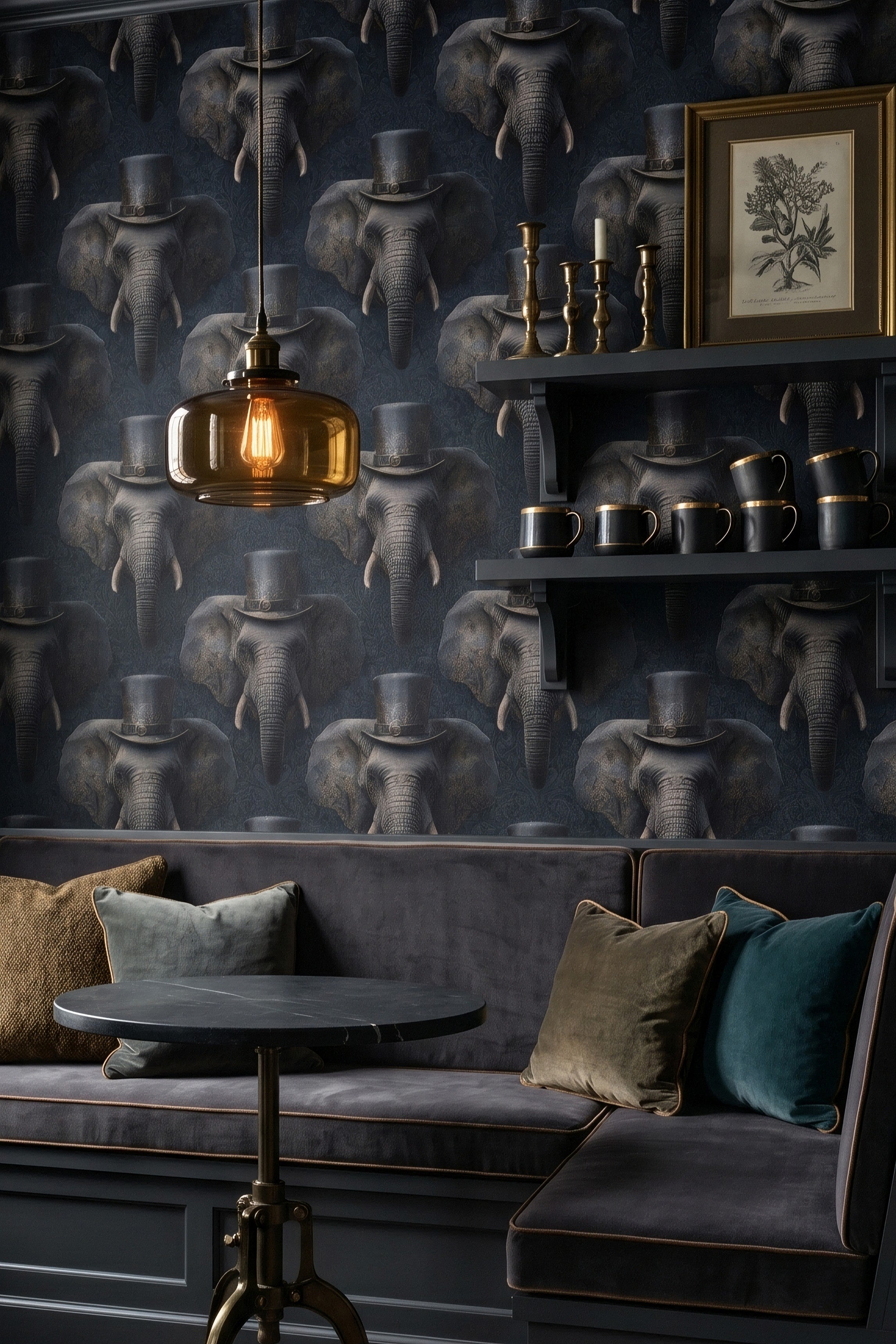 Dapper Elephant wallpaper shown in a kitchen nook