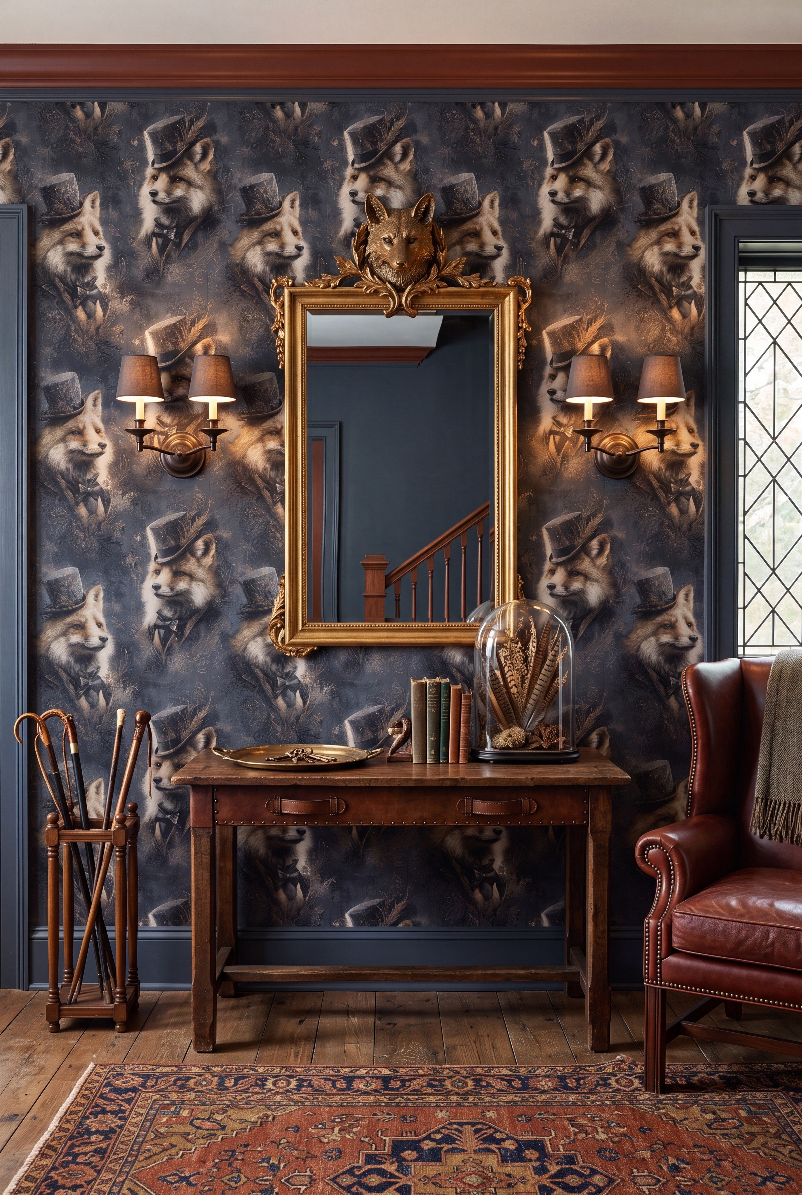 Foxglove Noir wallpaper shown in an entryway