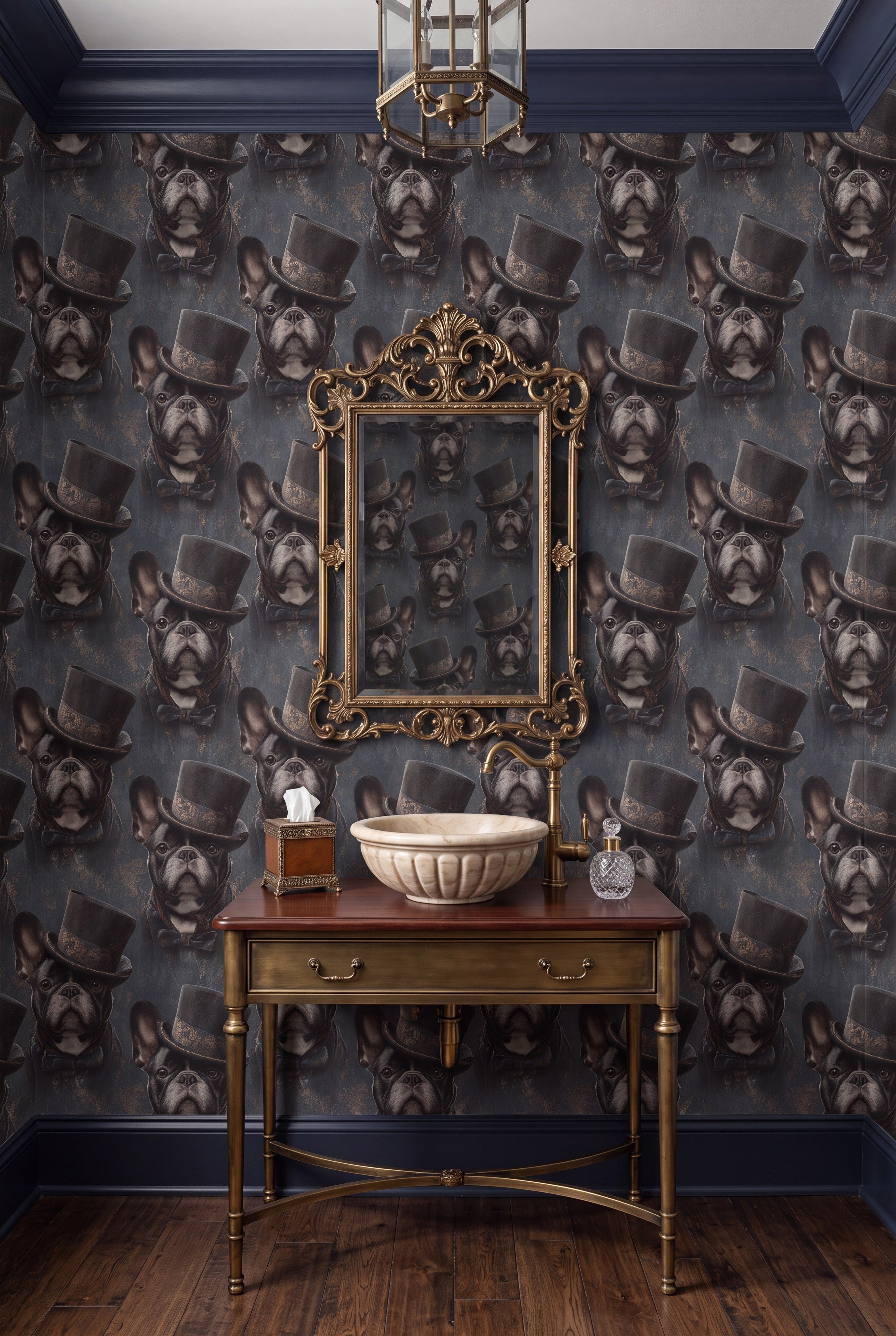 Monsieur Wrinkles wallpaper shown in a powder room