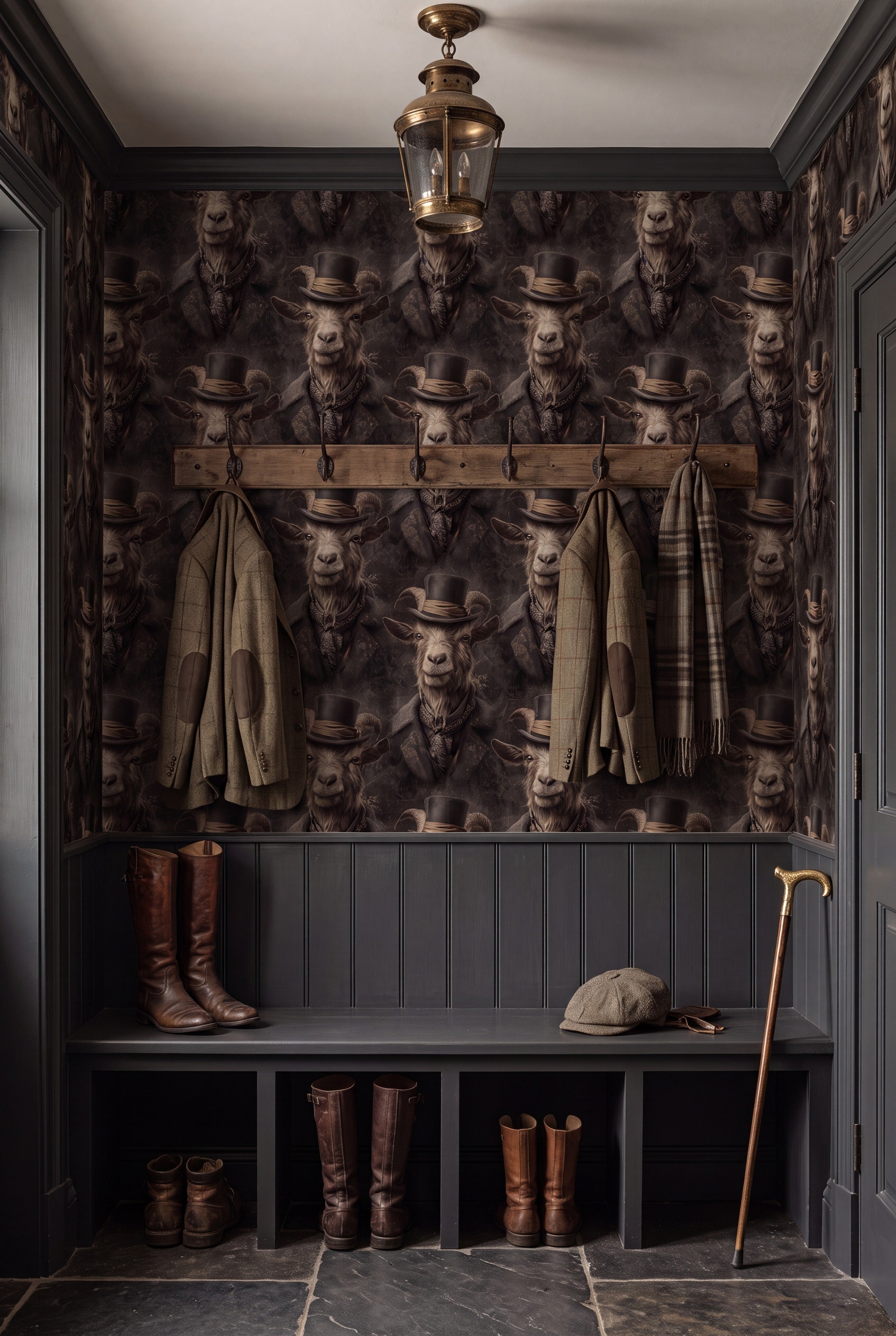 The Old Goat wallpaper shown in a mudroom