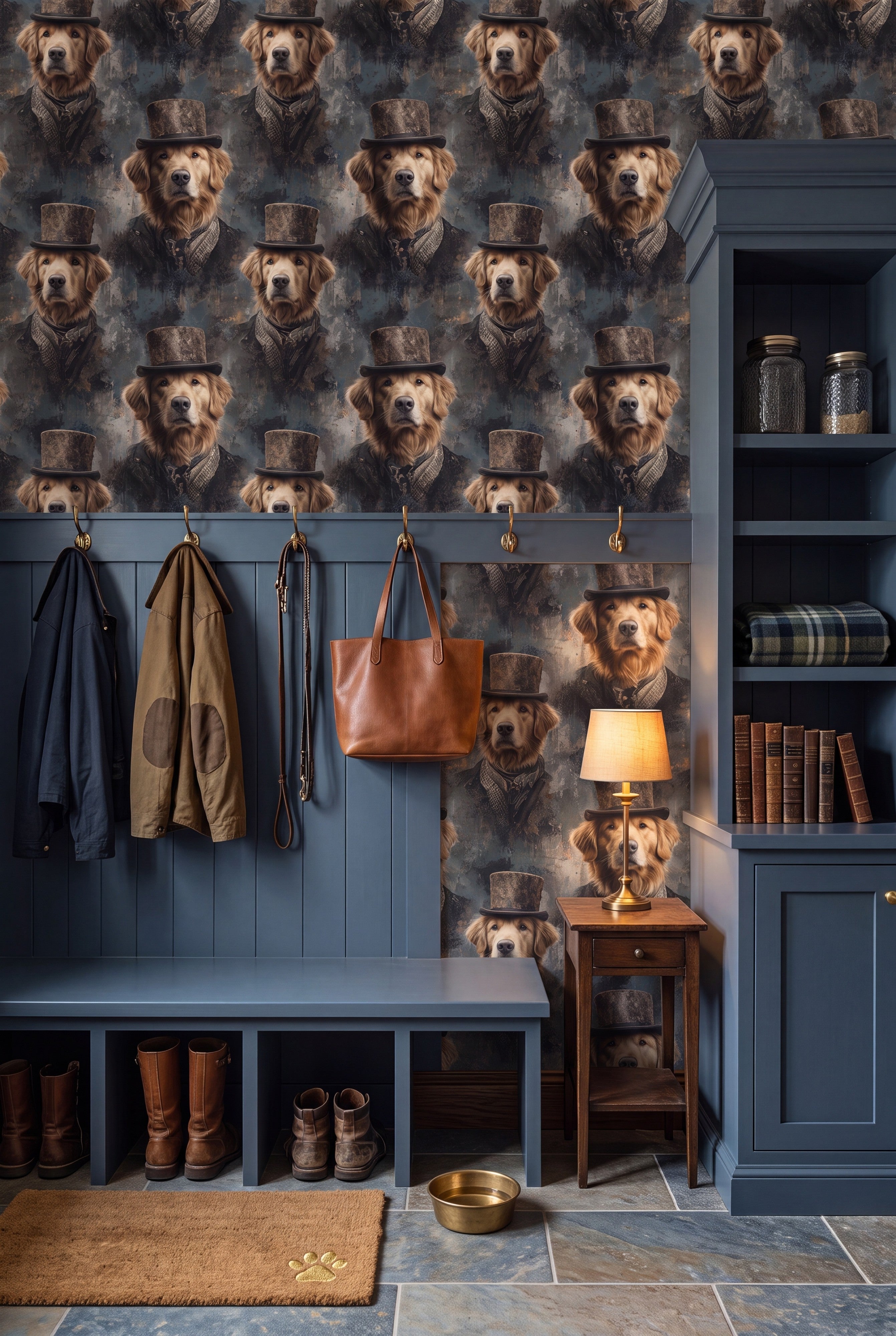 Good Boy Esquire wallpaper shown in a mudroom