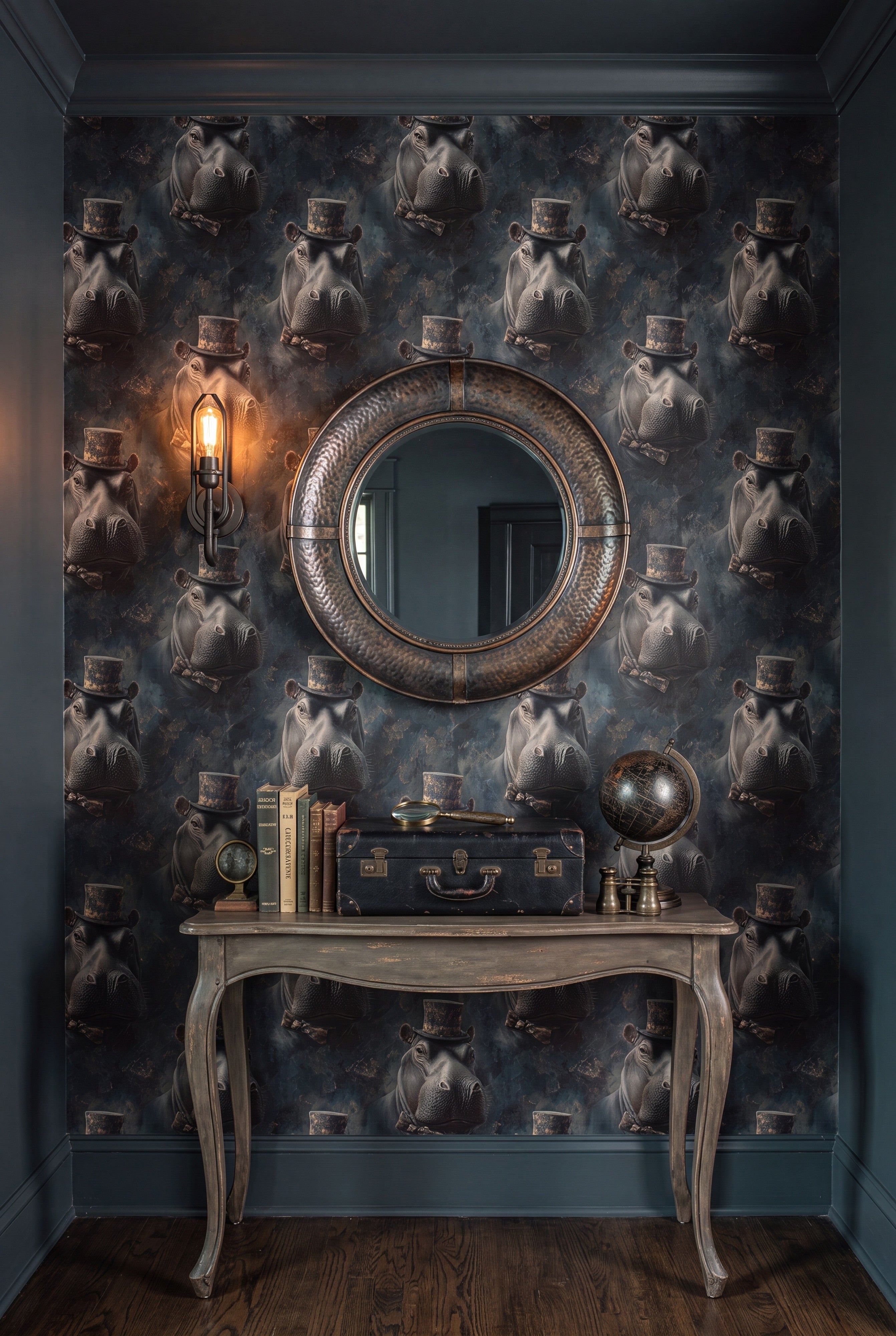 River Baron wallpaper shown in an entryway