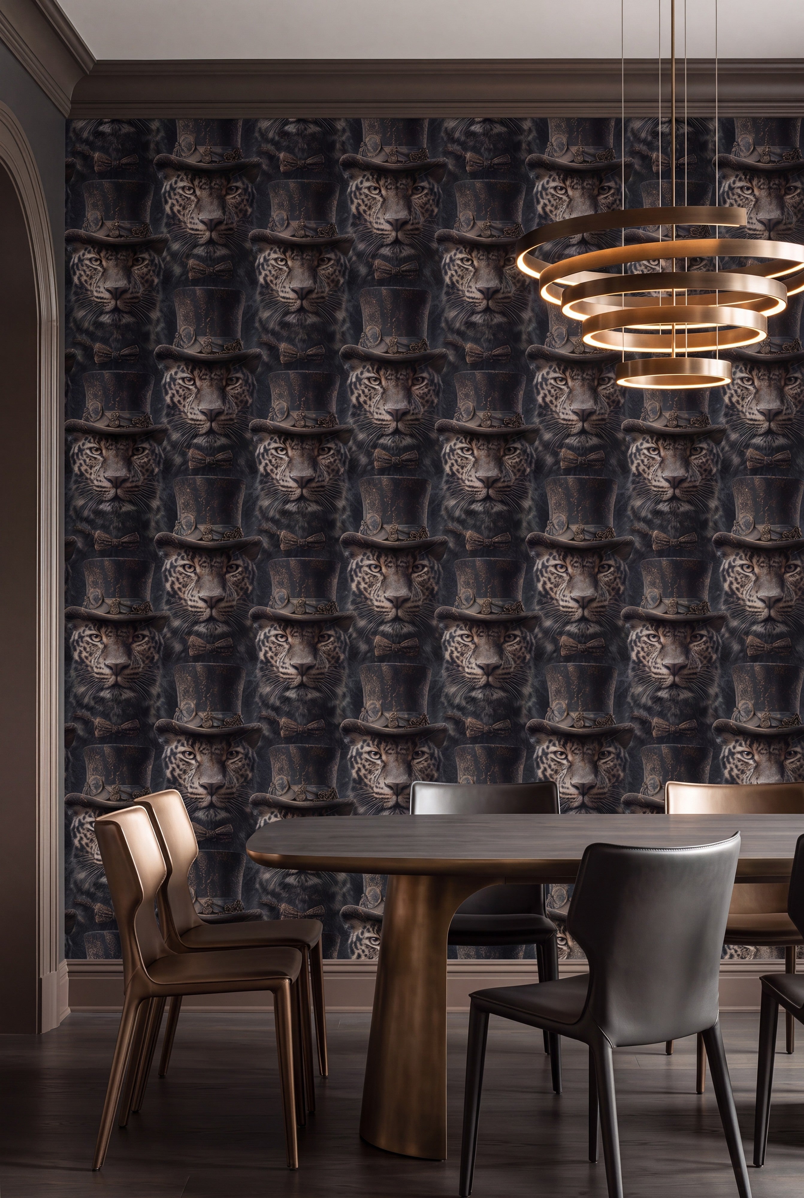 Rosette Royal wallpaper shown in a dining room