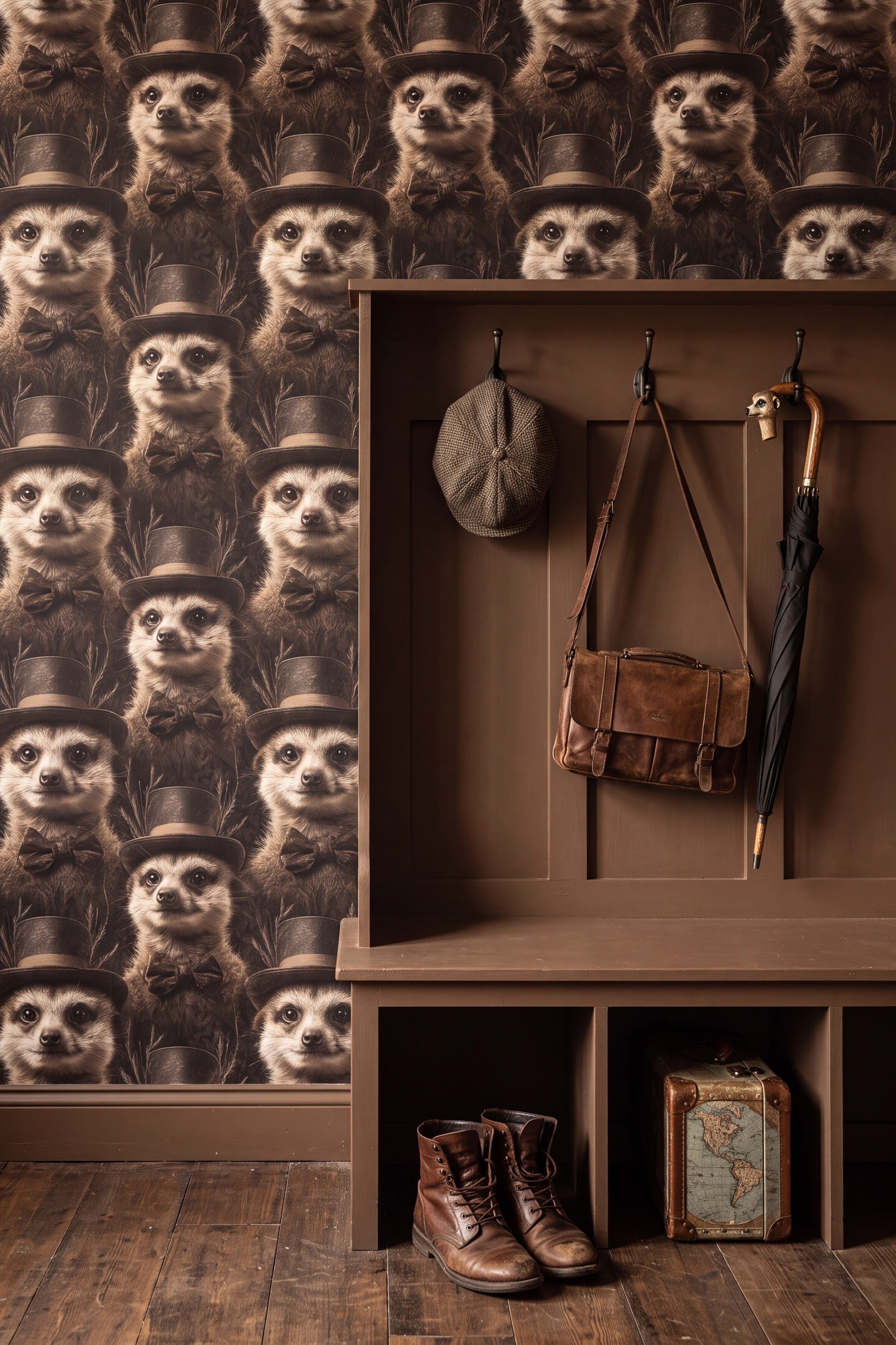 The Lookout wallpaper shown in a mudroom