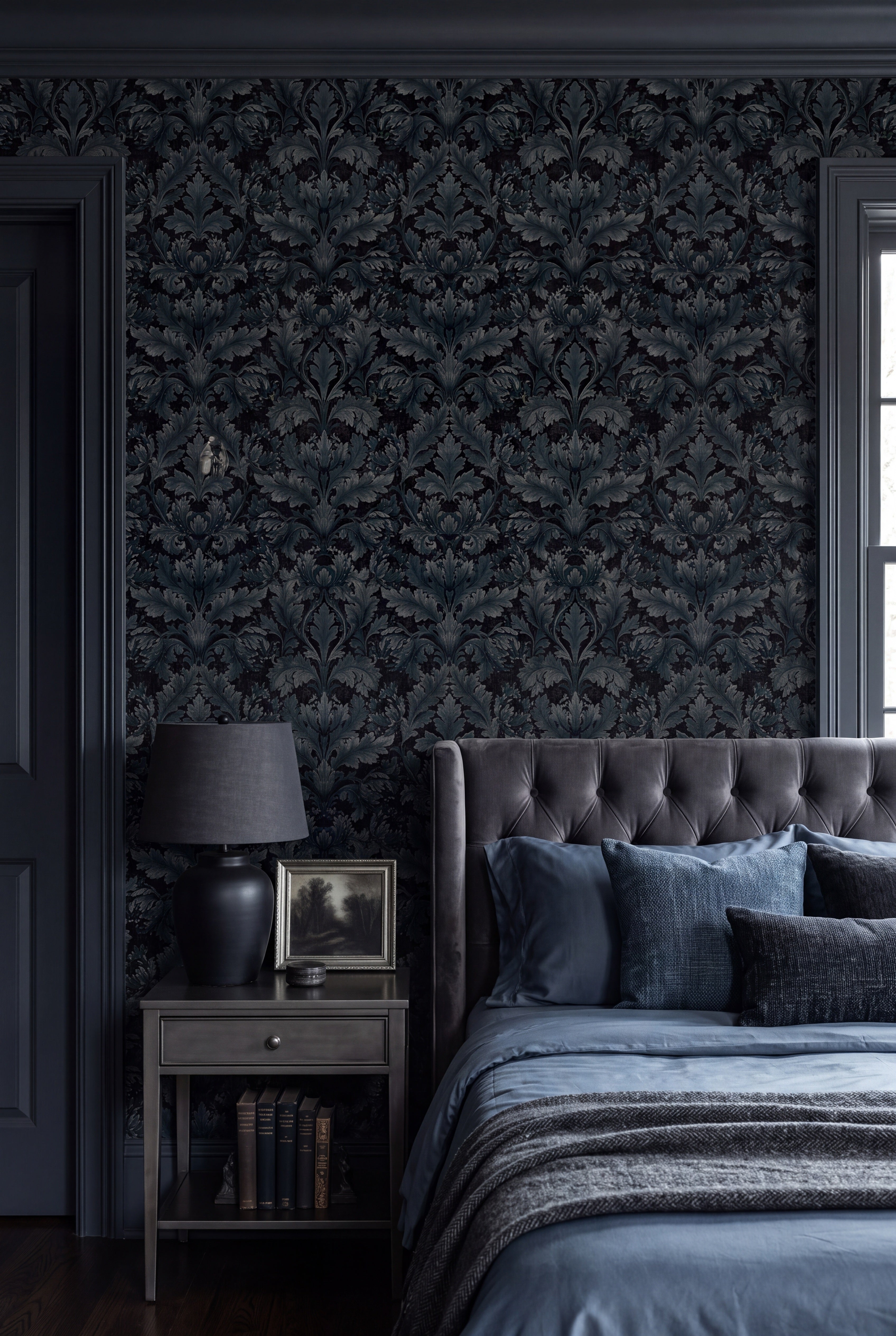 Slate Acanthus wallpaper shown in a bedroom