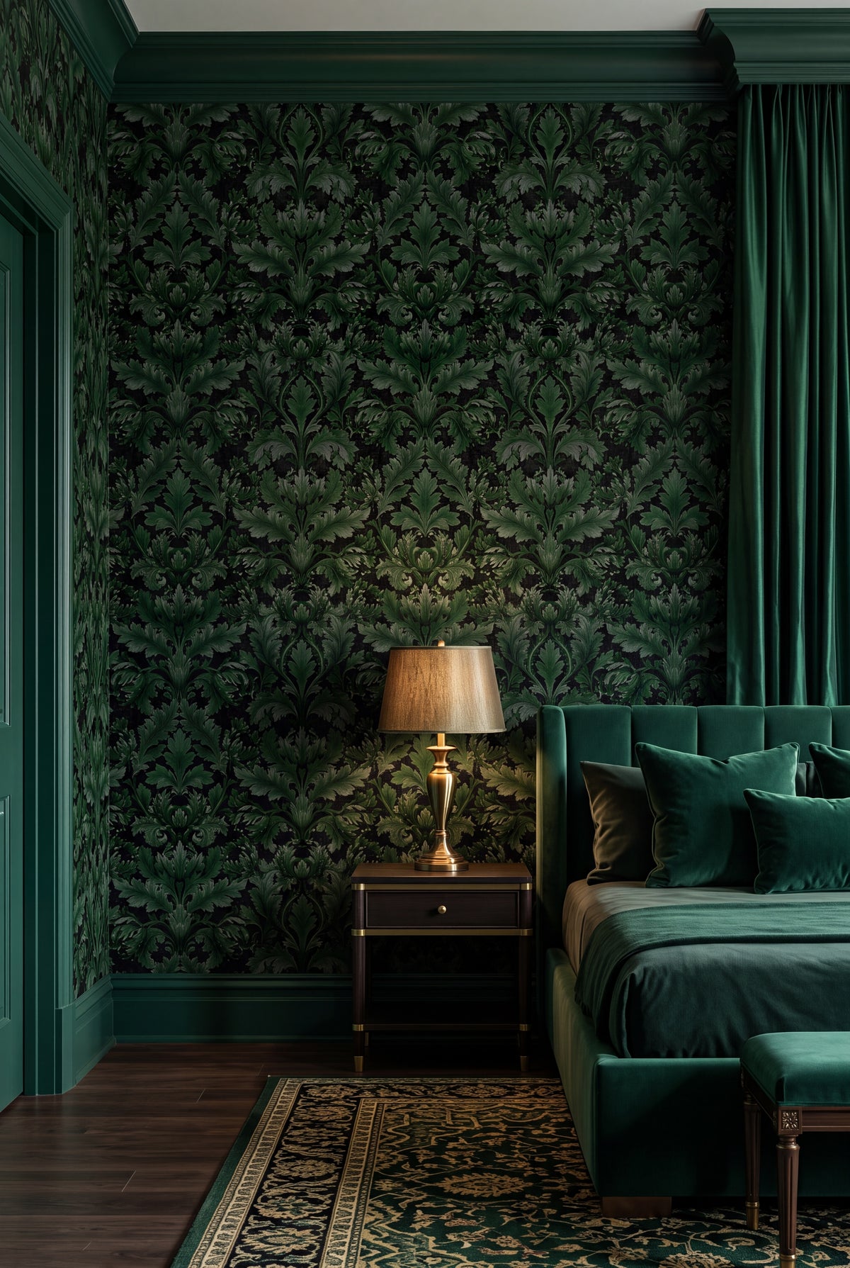 Emerald Acanthus wallpaper shown in a bedroom