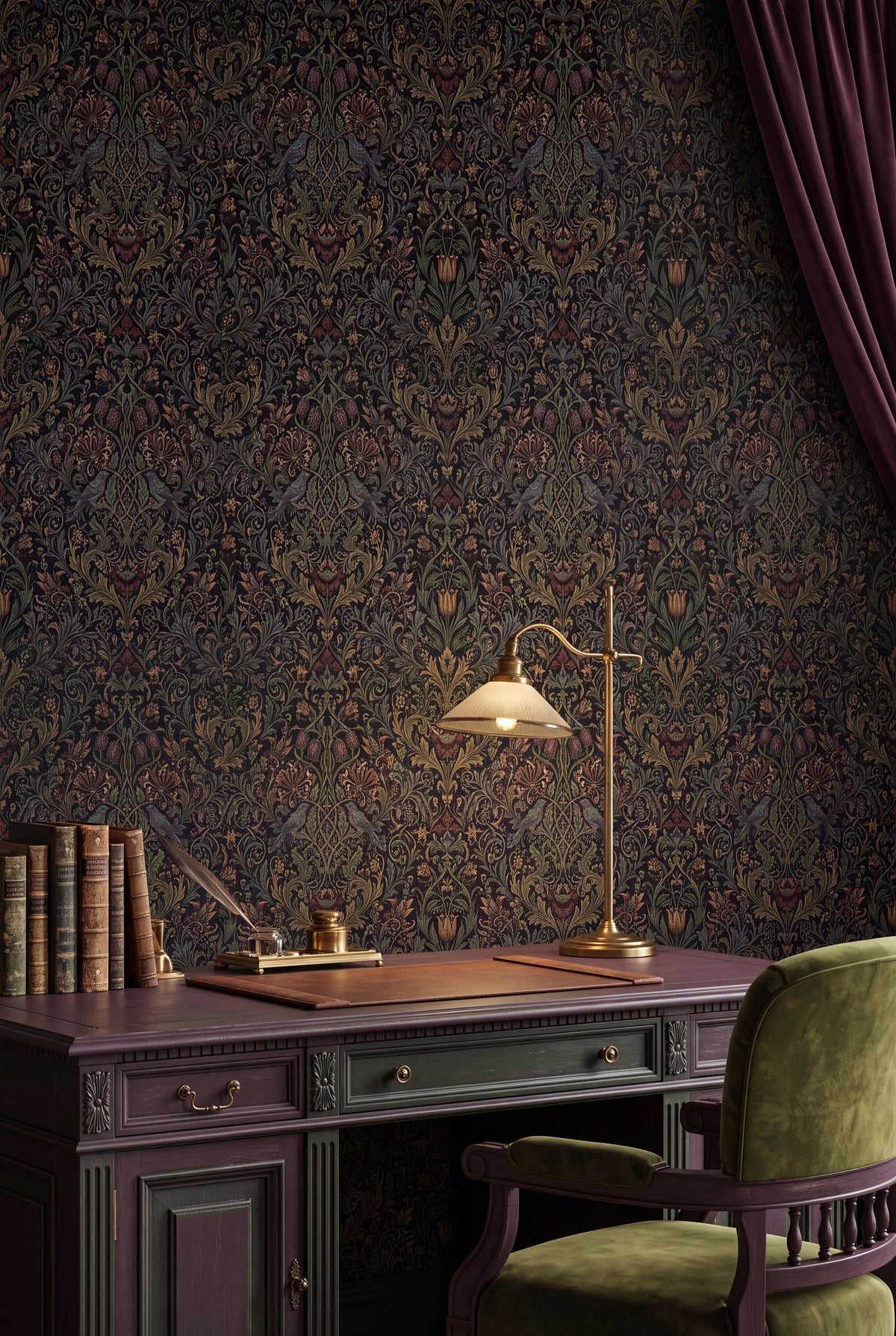 Midnight Aviary wallpaper shown in a home office