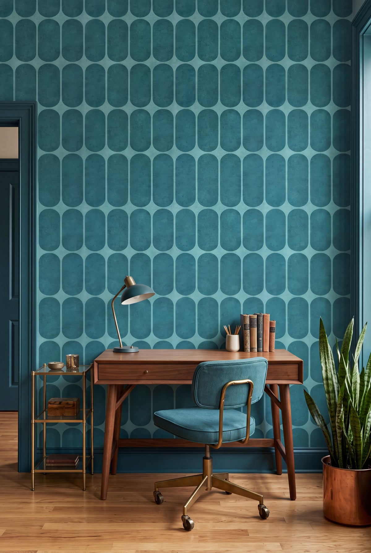 Lagoon Arcade wallpaper shown in a home office