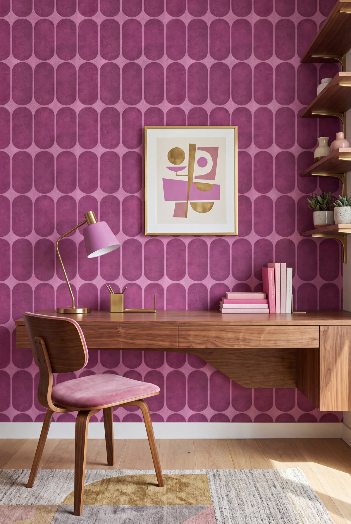 Orchid Arcade wallpaper shown in a home office