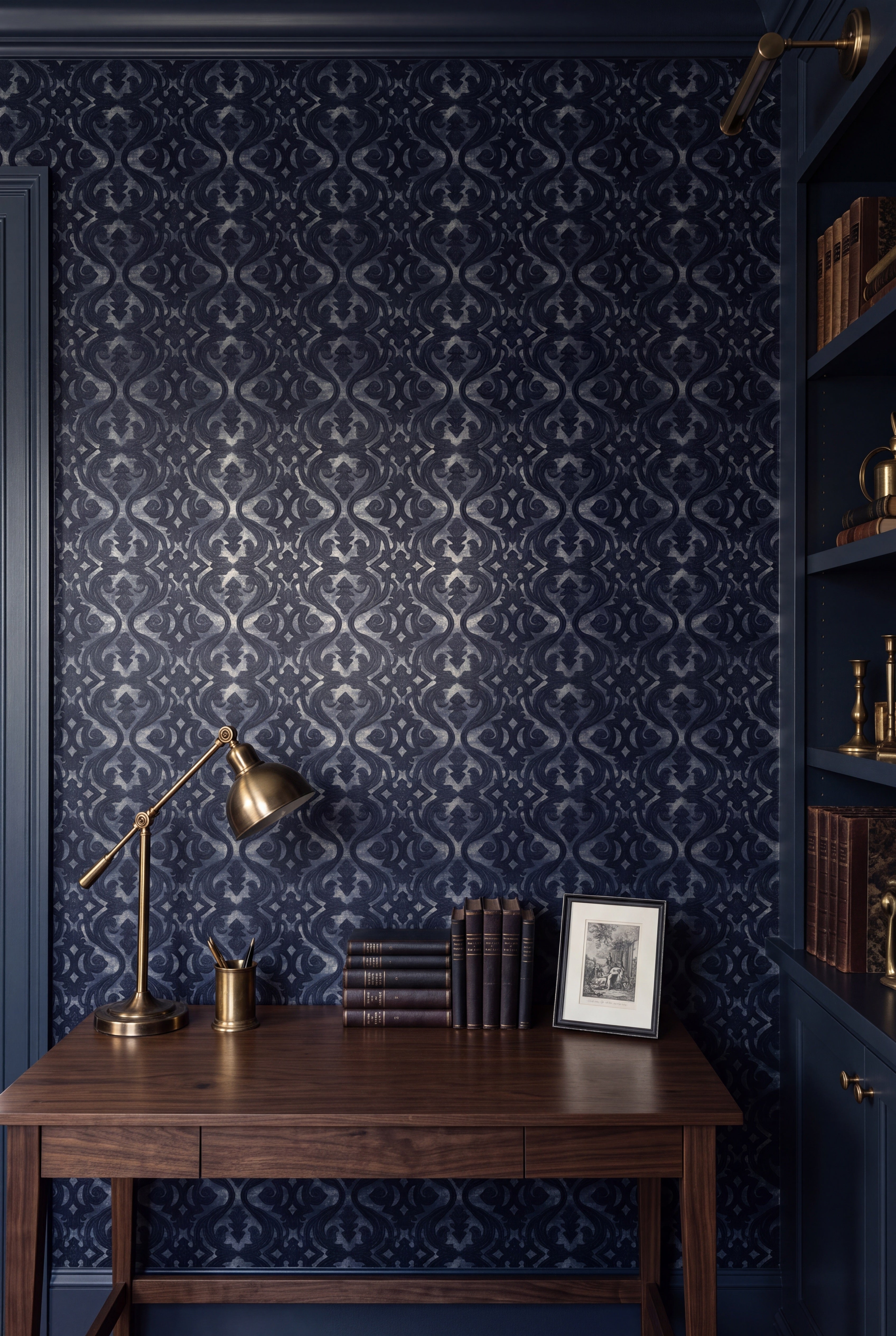 Ink Scroll wallpaper shown in a home office