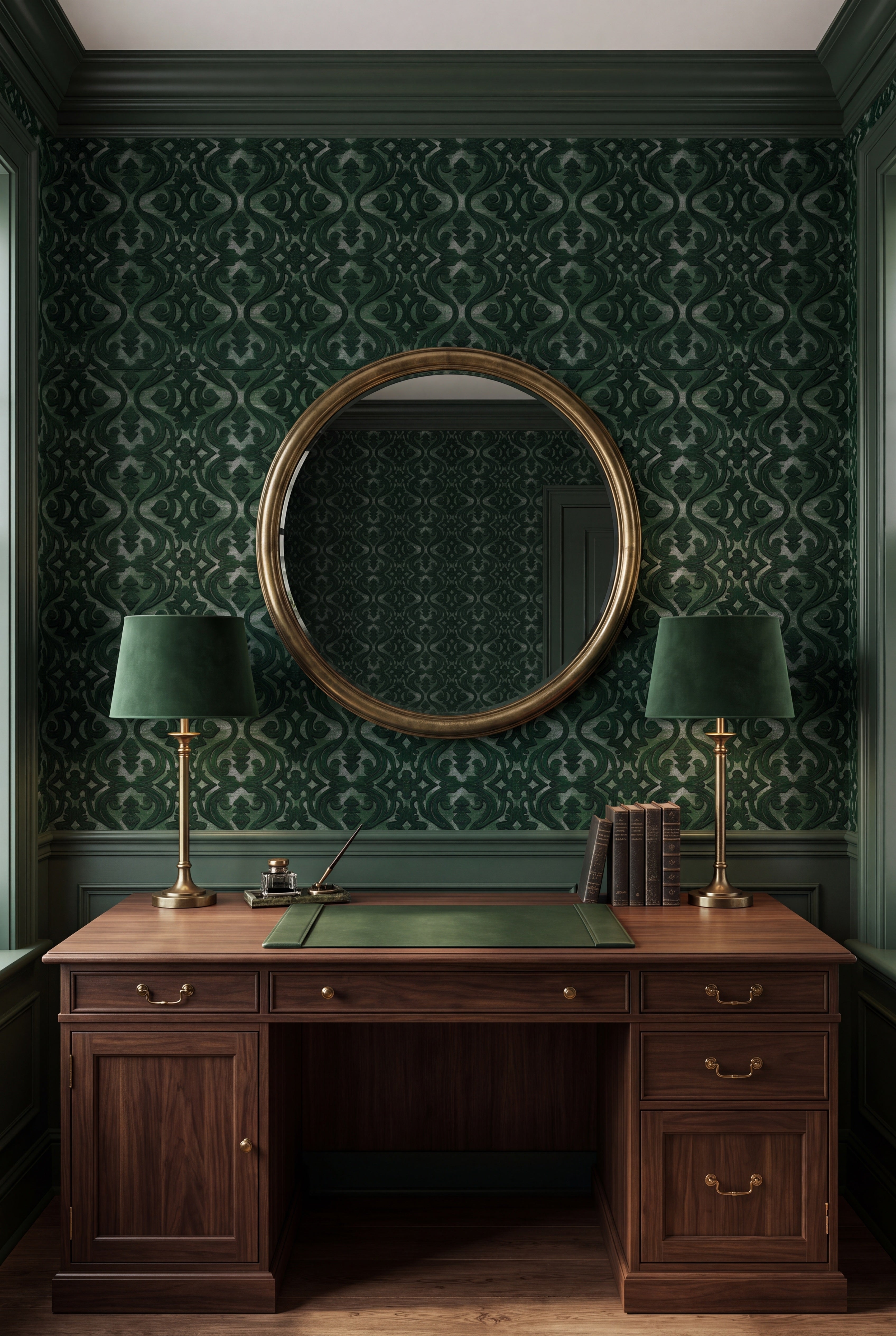 Pine Scroll wallpaper shown in a home office