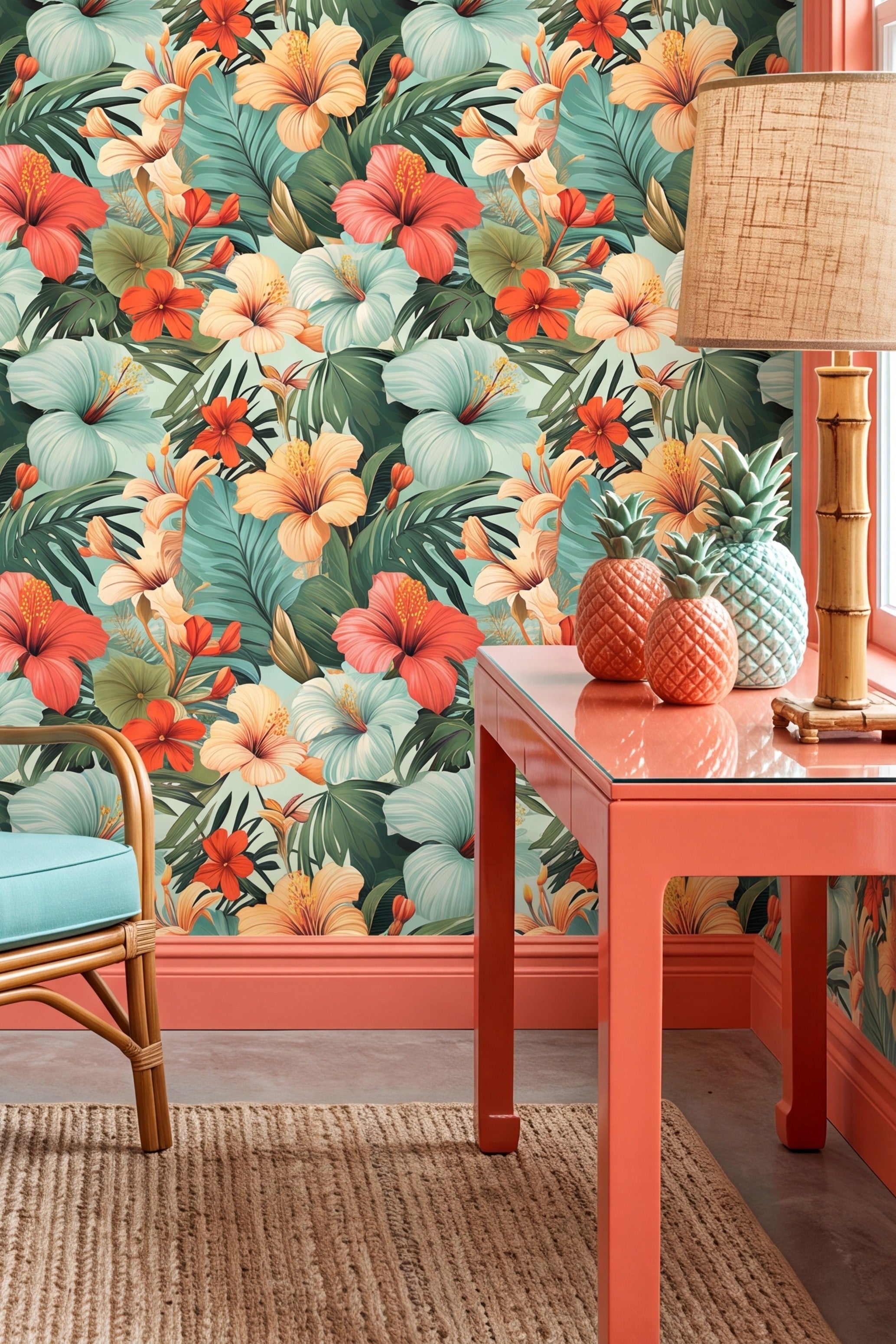 Tiki Teal wallpaper shown in a living room