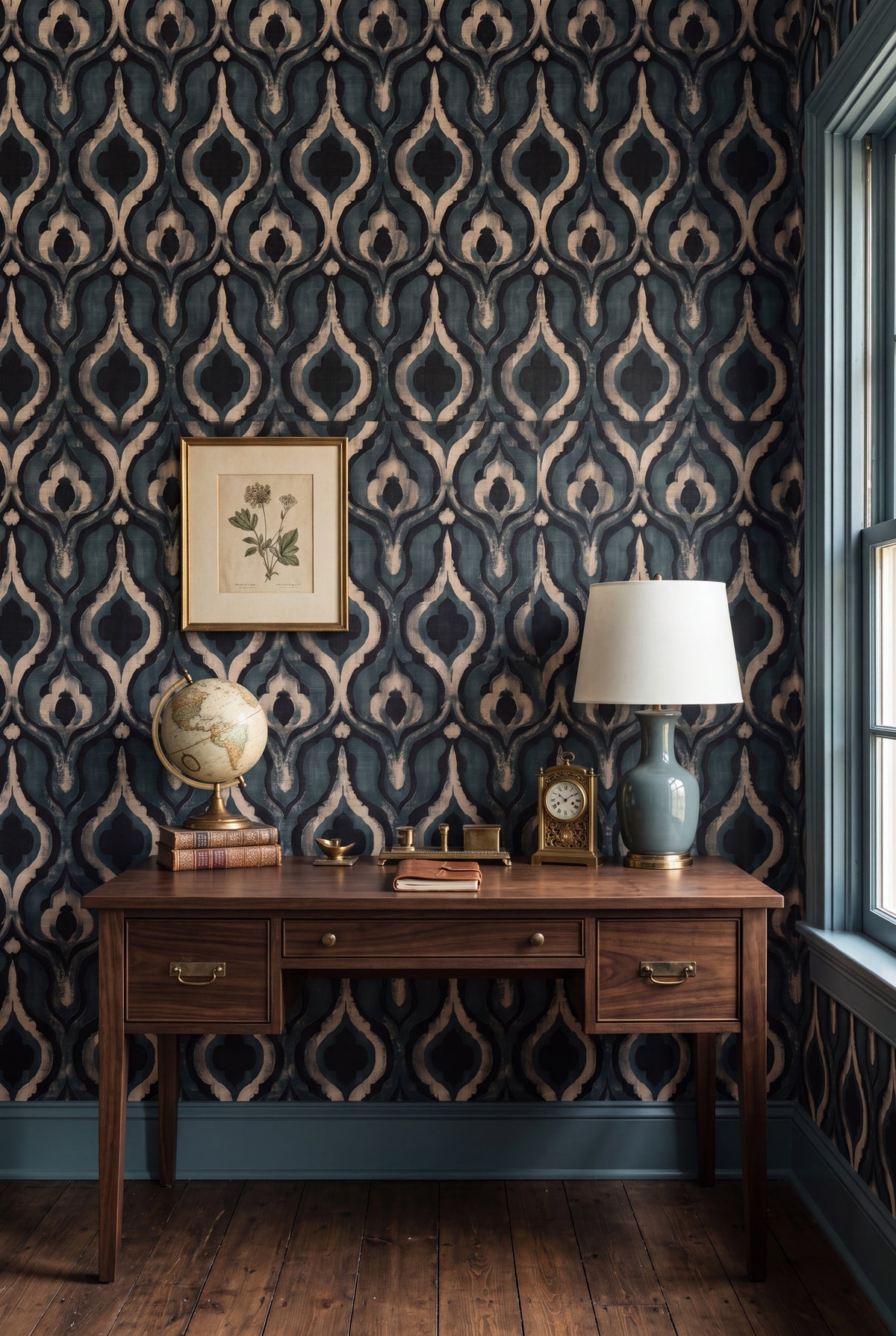 Harbor Lantern wallpaper shown in a home office