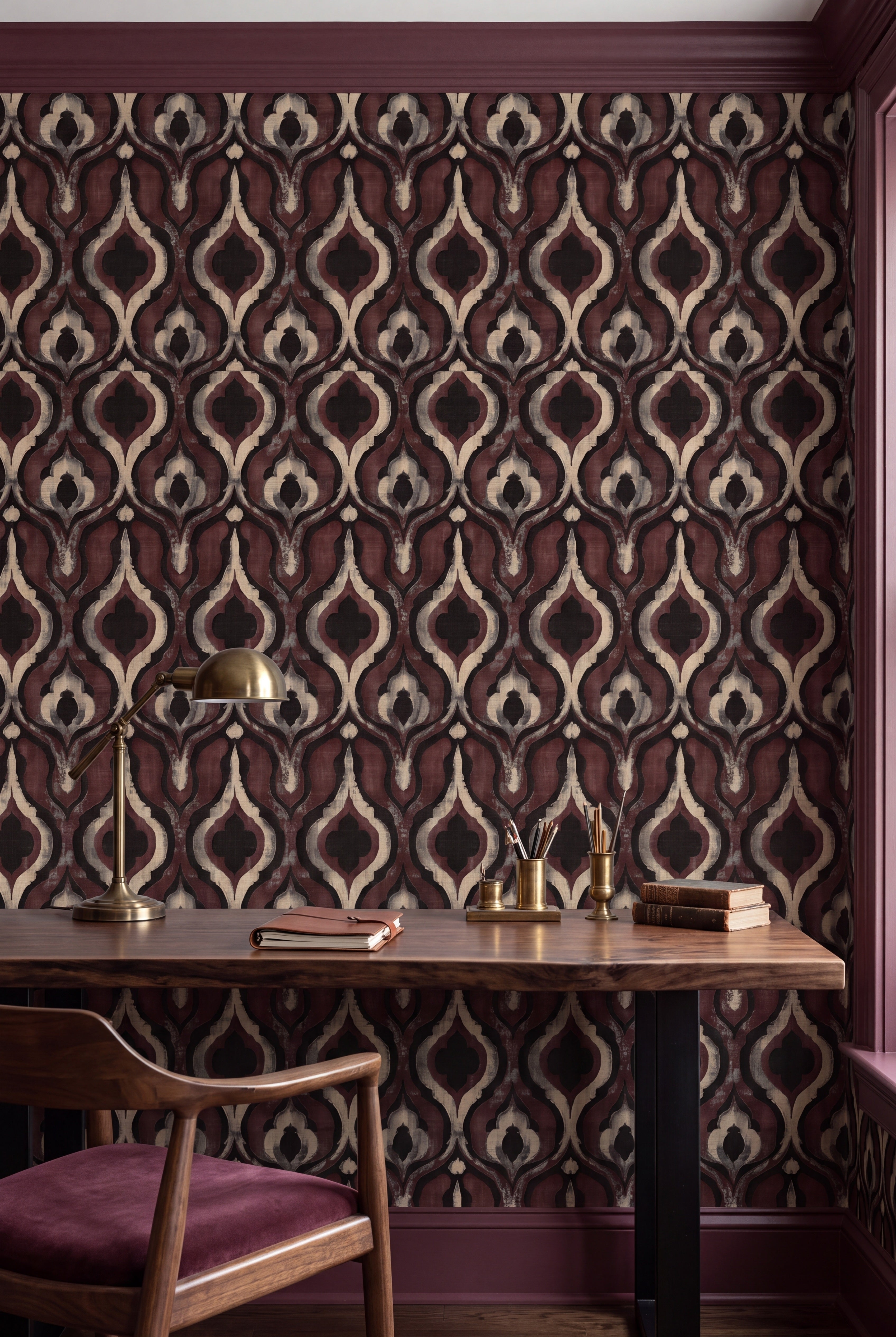Plum Lantern wallpaper shown in a home office
