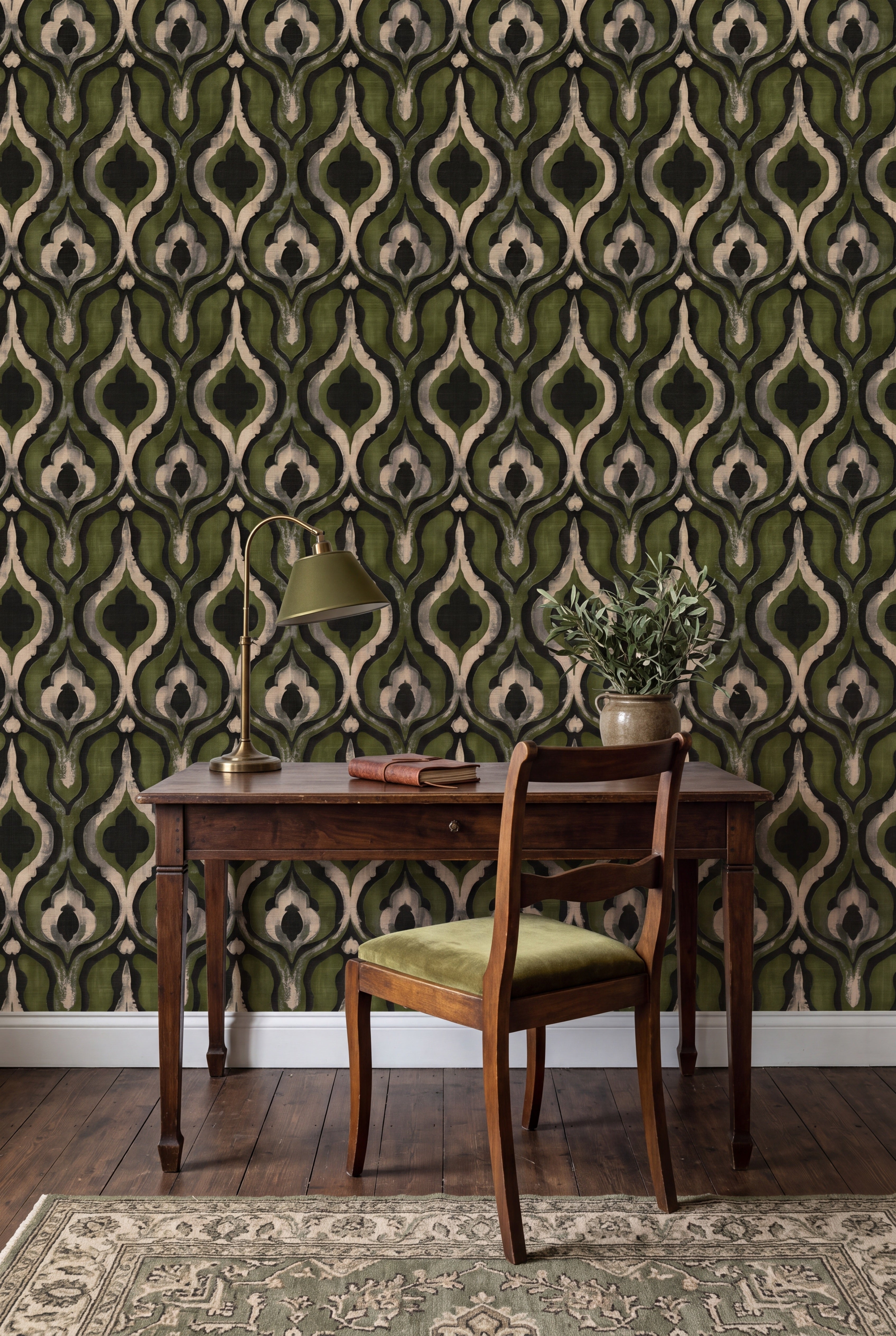 Moss Lantern wallpaper shown in a home office