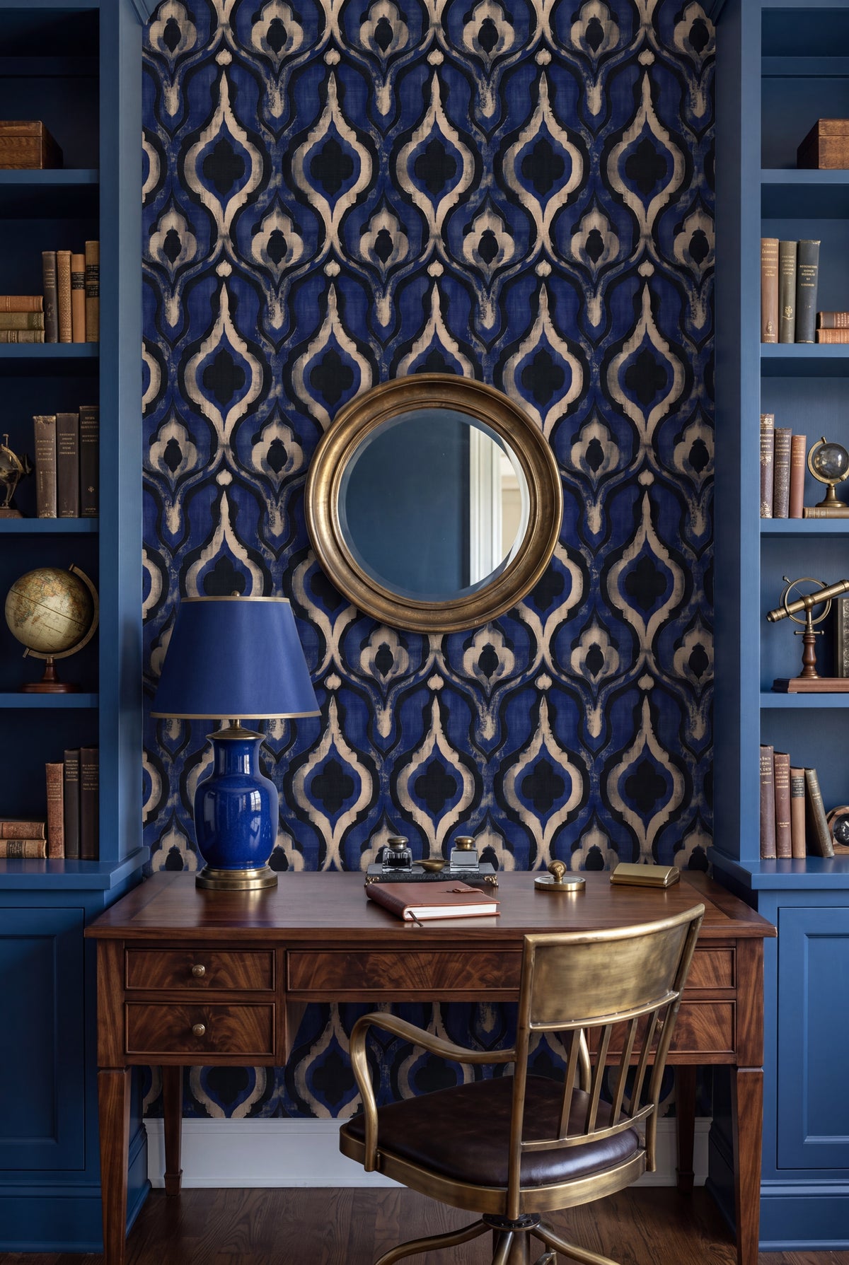 Cobalt Lantern wallpaper shown in a home office