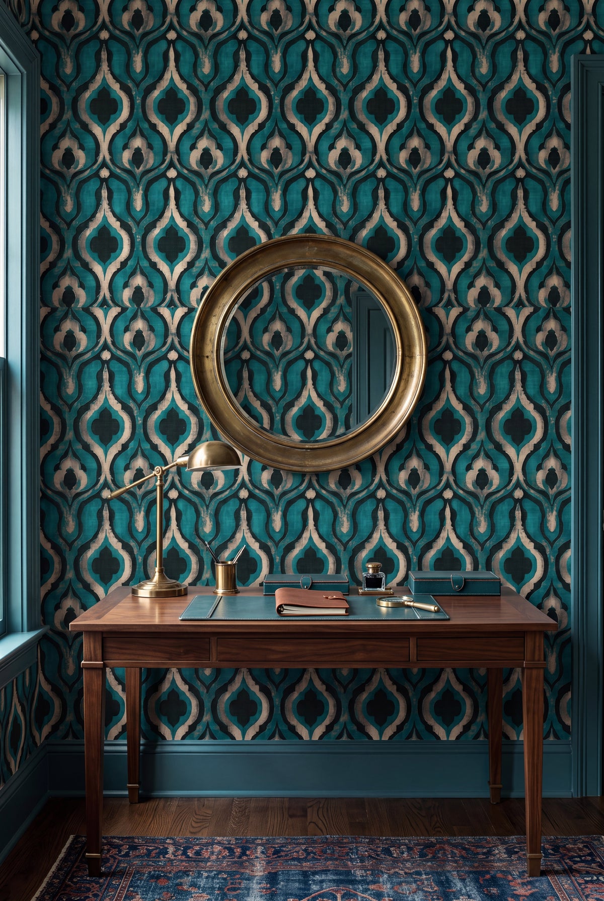 Teal Lantern wallpaper shown in a home office