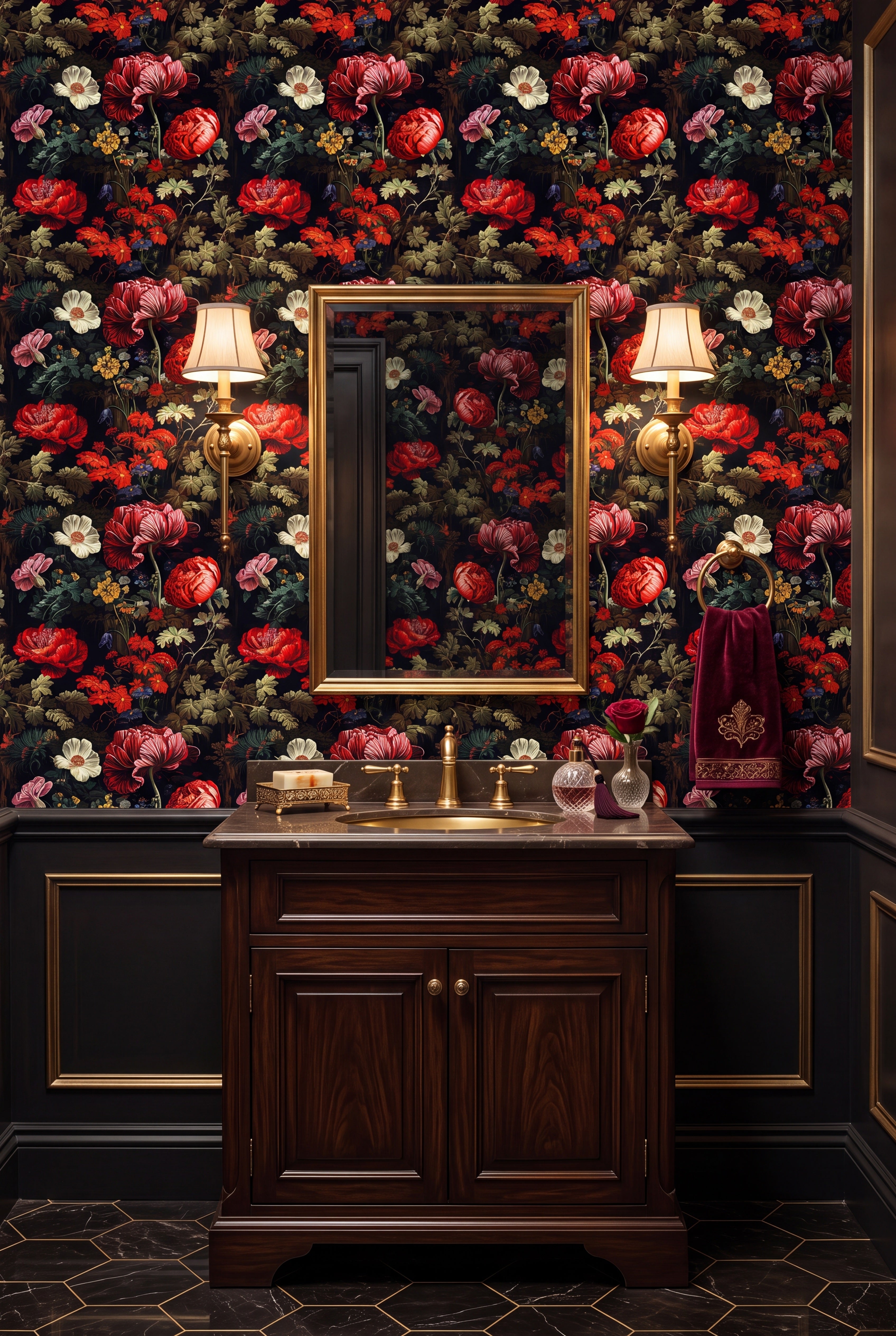 Nightshade wallpaper shown in a powder room