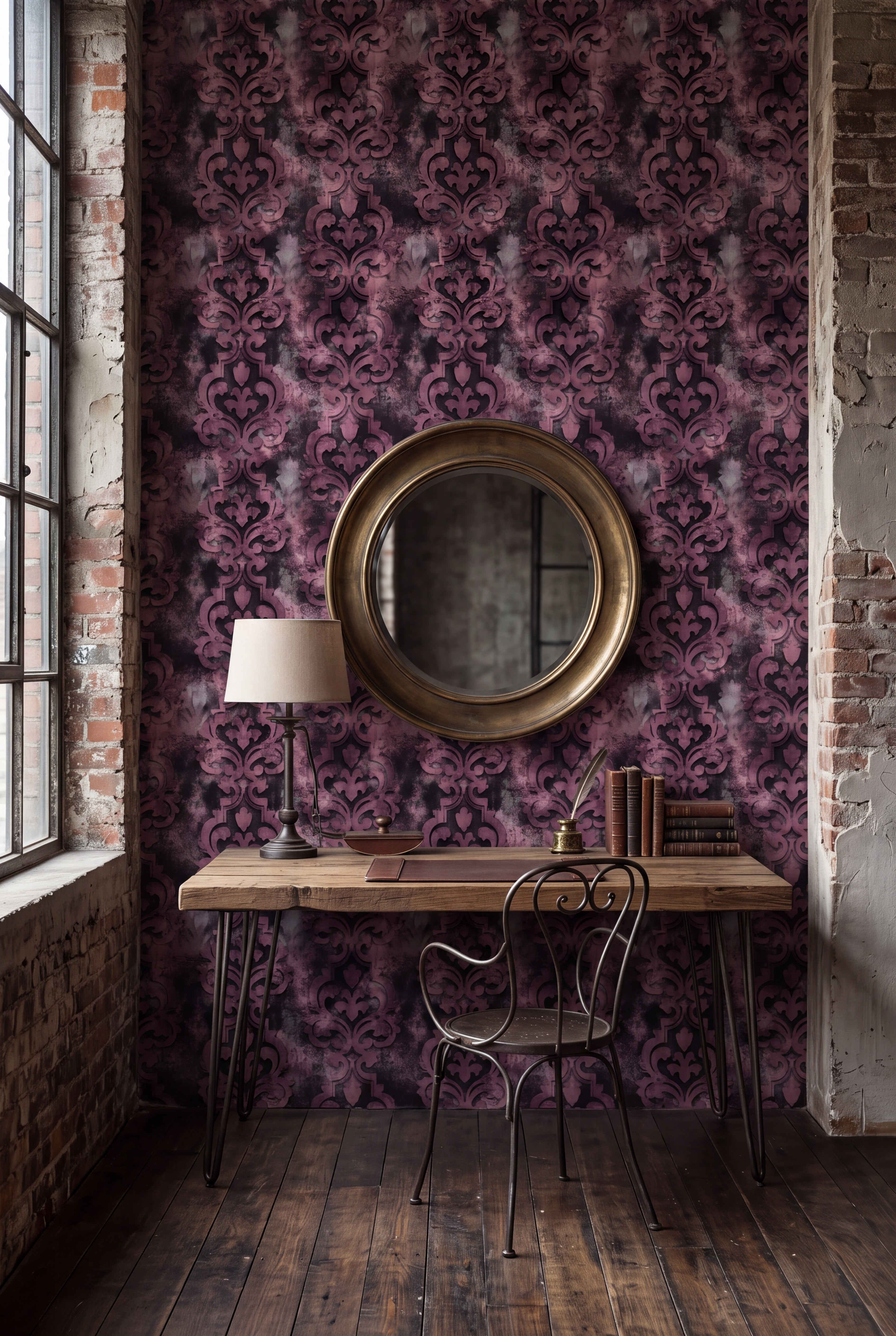 Mauve Relic wallpaper shown in a home office