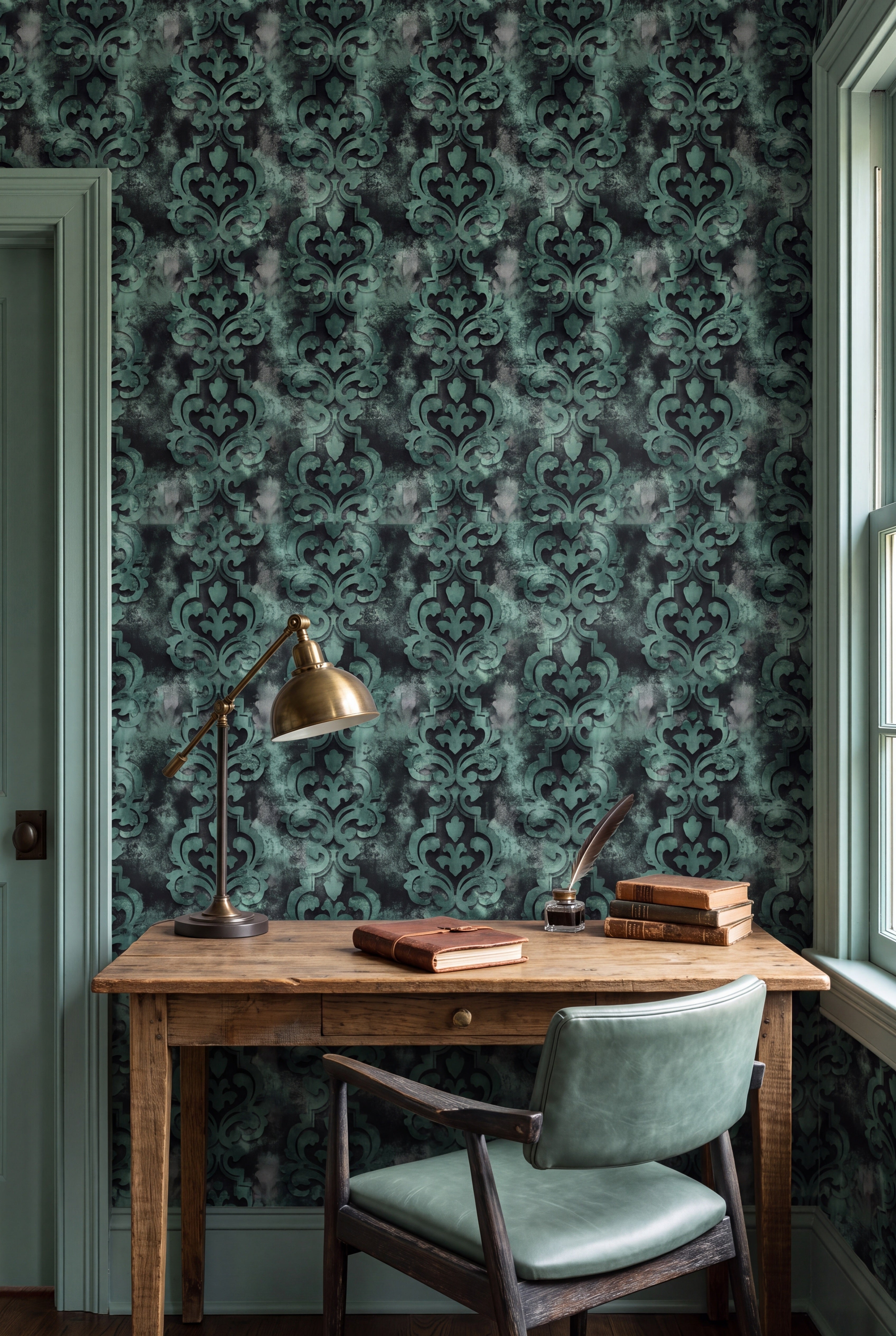 Seafoam Relic wallpaper shown in a home office