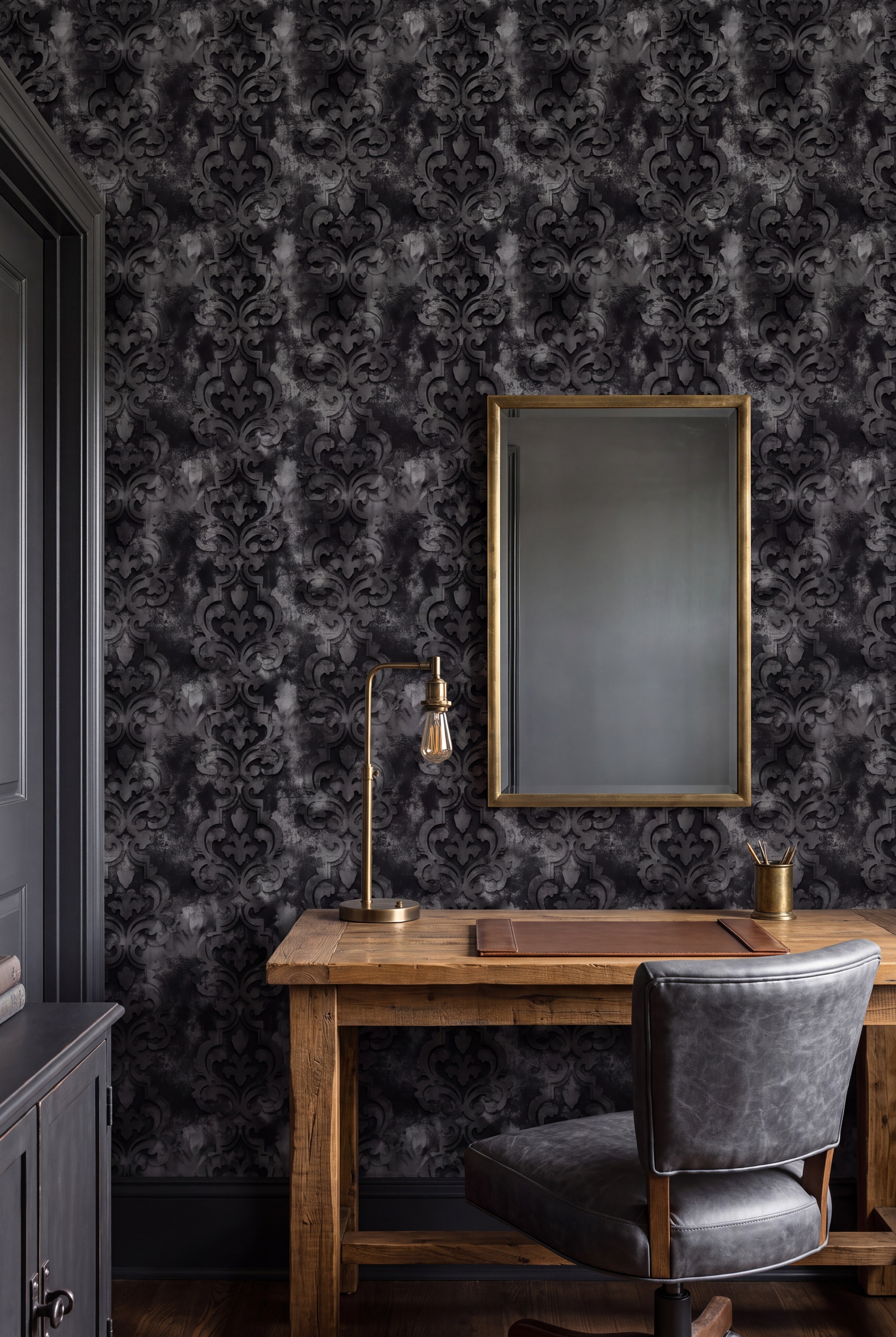 Pewter Relic wallpaper shown in a home office
