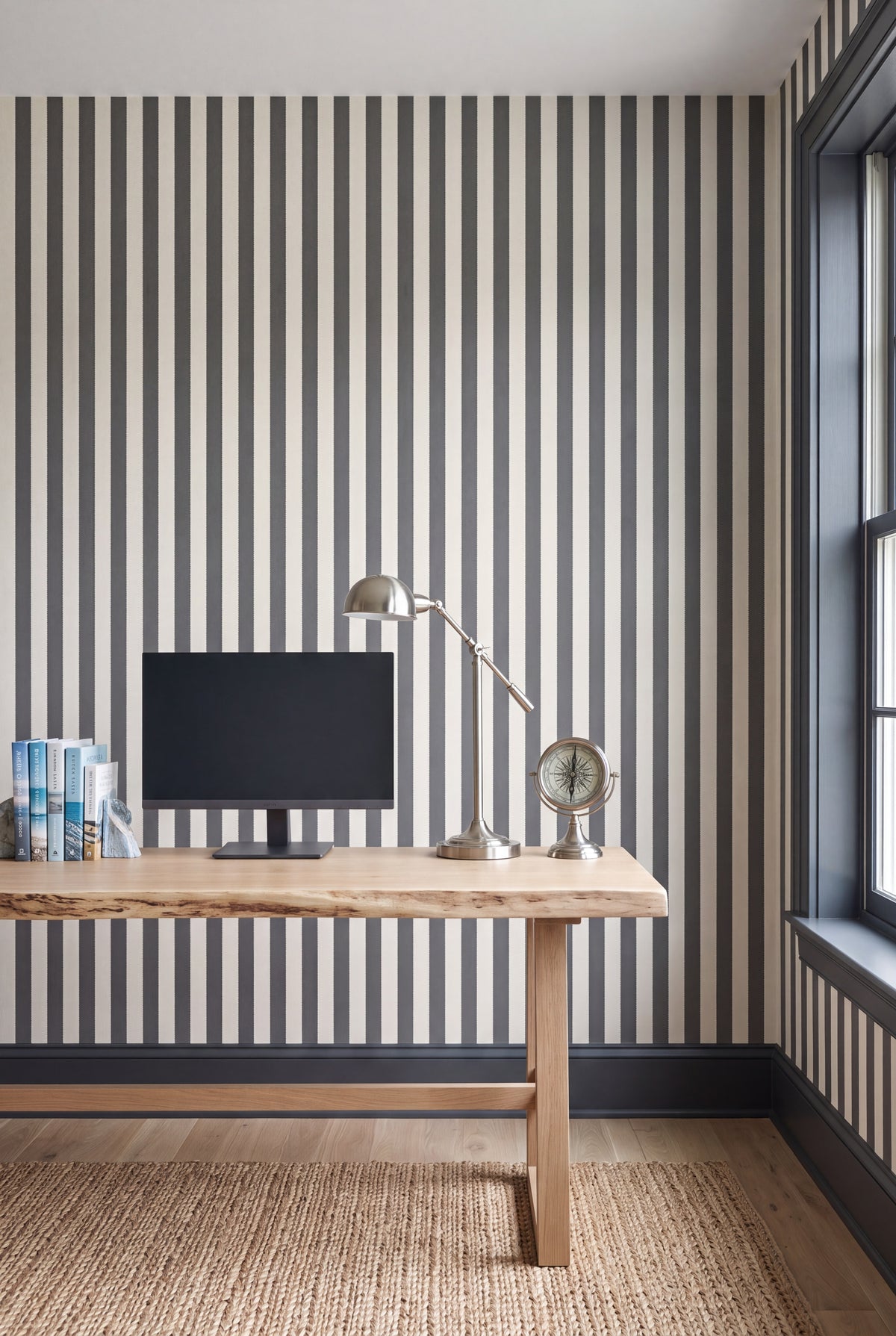 Charcoal Ribbon wallpaper shown in a home office
