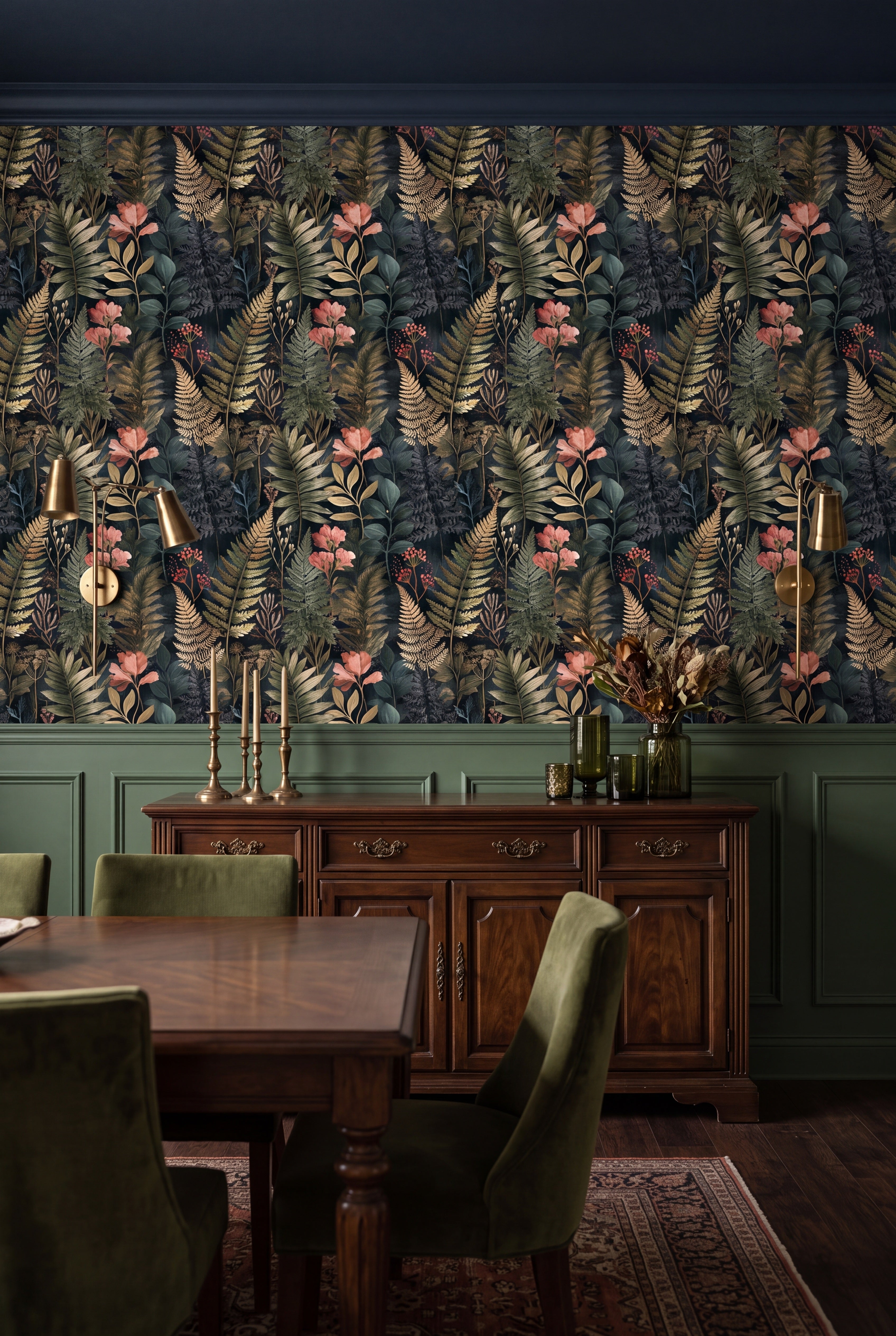 Fern Hollow wallpaper shown in a dining room