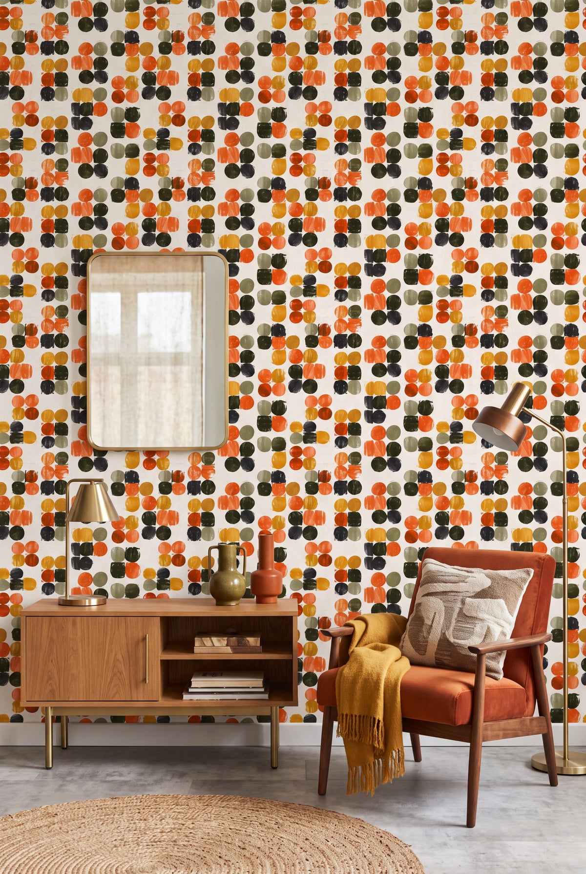 Market Dot wallpaper shown in a living room