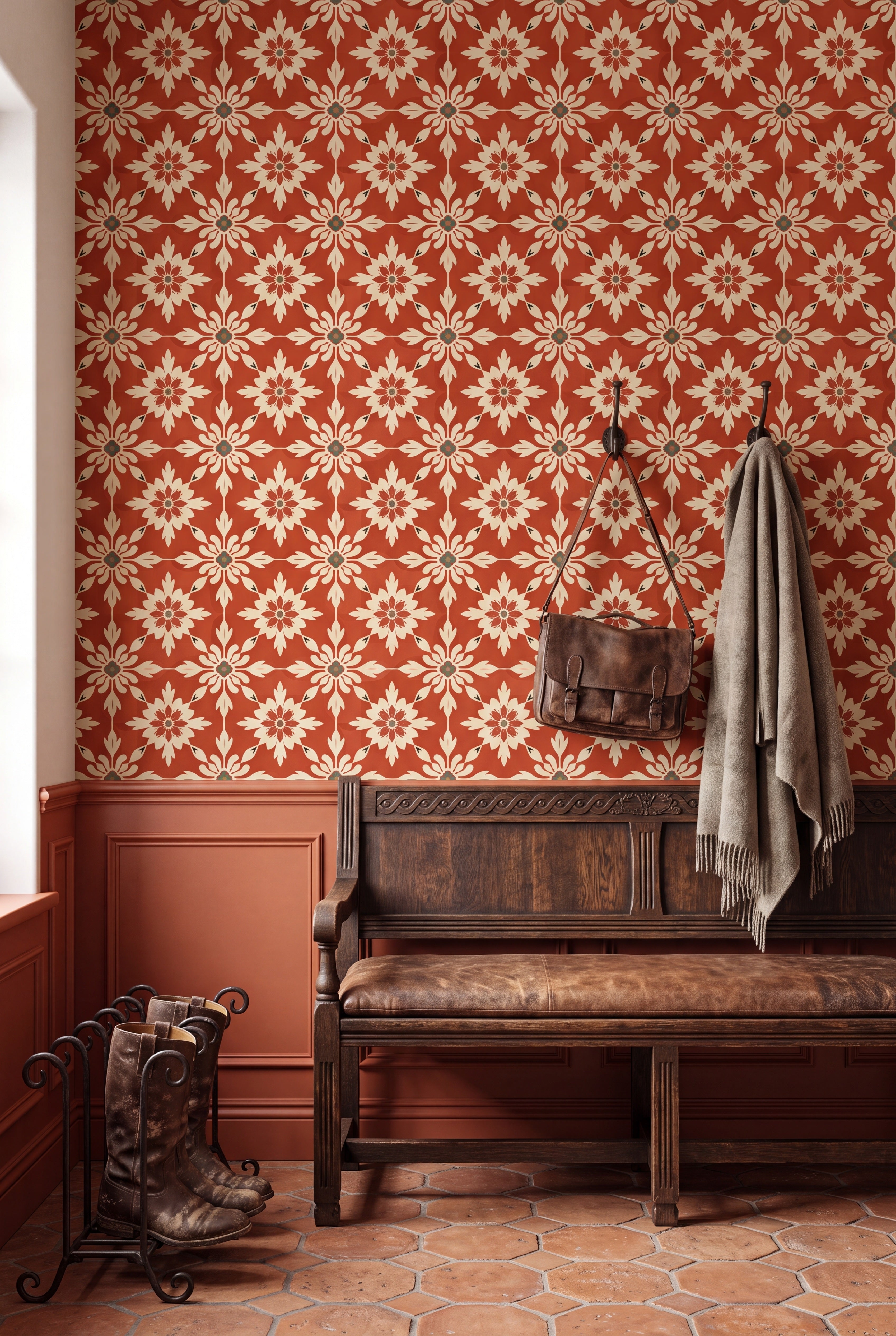Terra Folk wallpaper shown in a mudroom