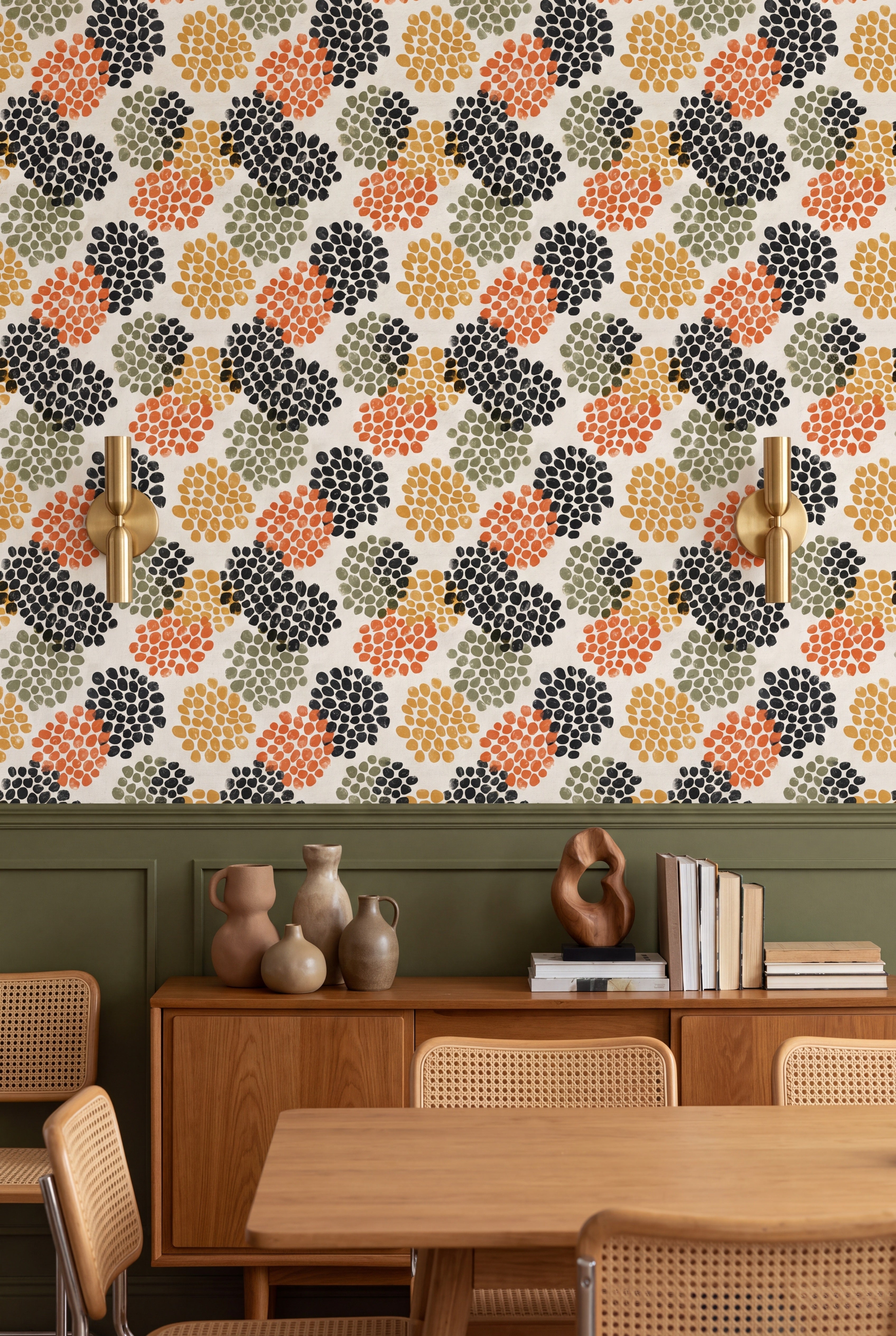 Seedpod wallpaper shown in a dining room